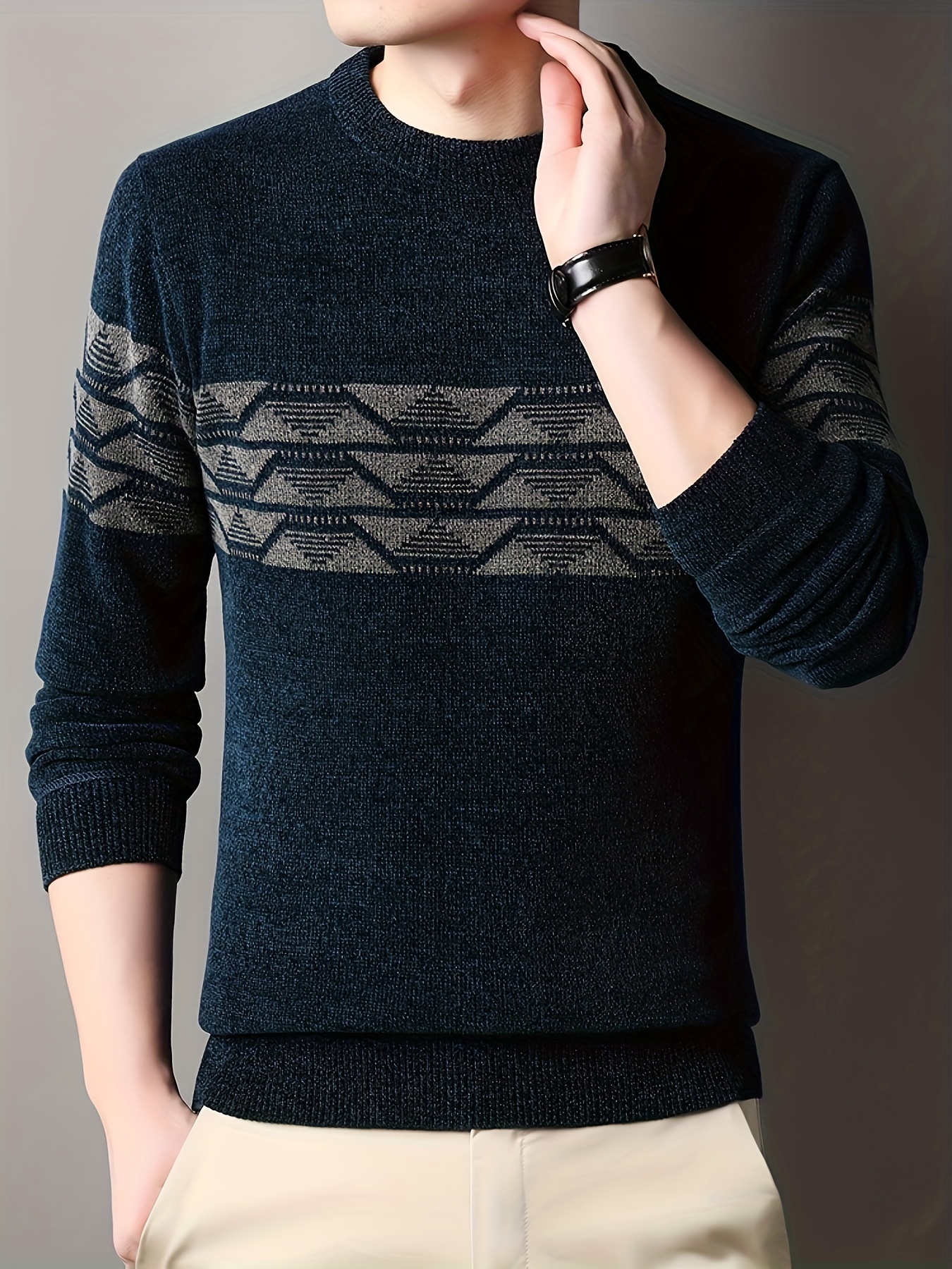 Ethnic Pattern Knitted Slim Sweater, Men's Casual Warm Mid Stretch Crew Neck Pullover Sweater For Men Fall Winter