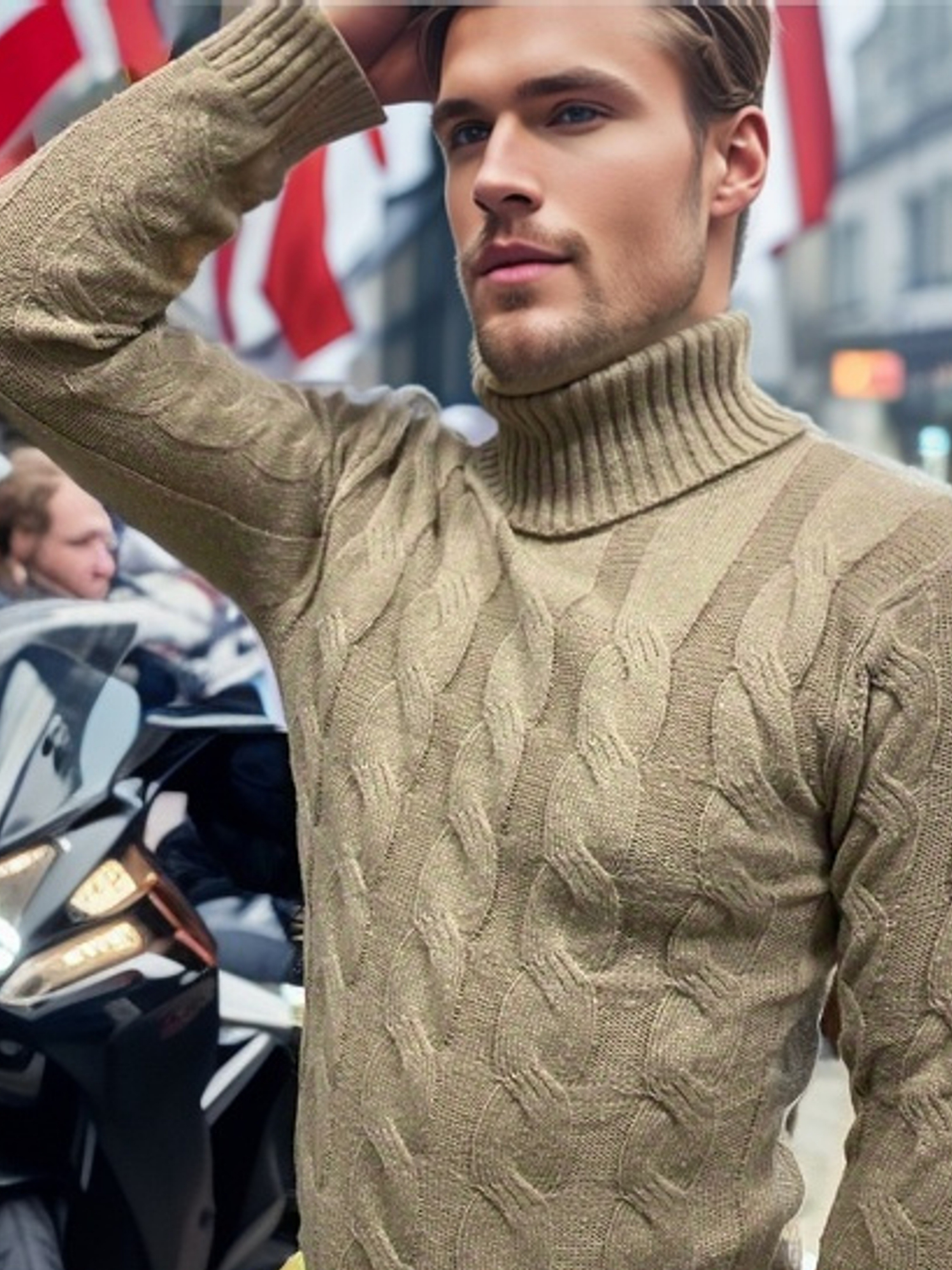 Turtle Neck Knitted Cable Sweater, Men's Casual Warm Solid Mid Stretch Pullover Sweater For Fall Winter