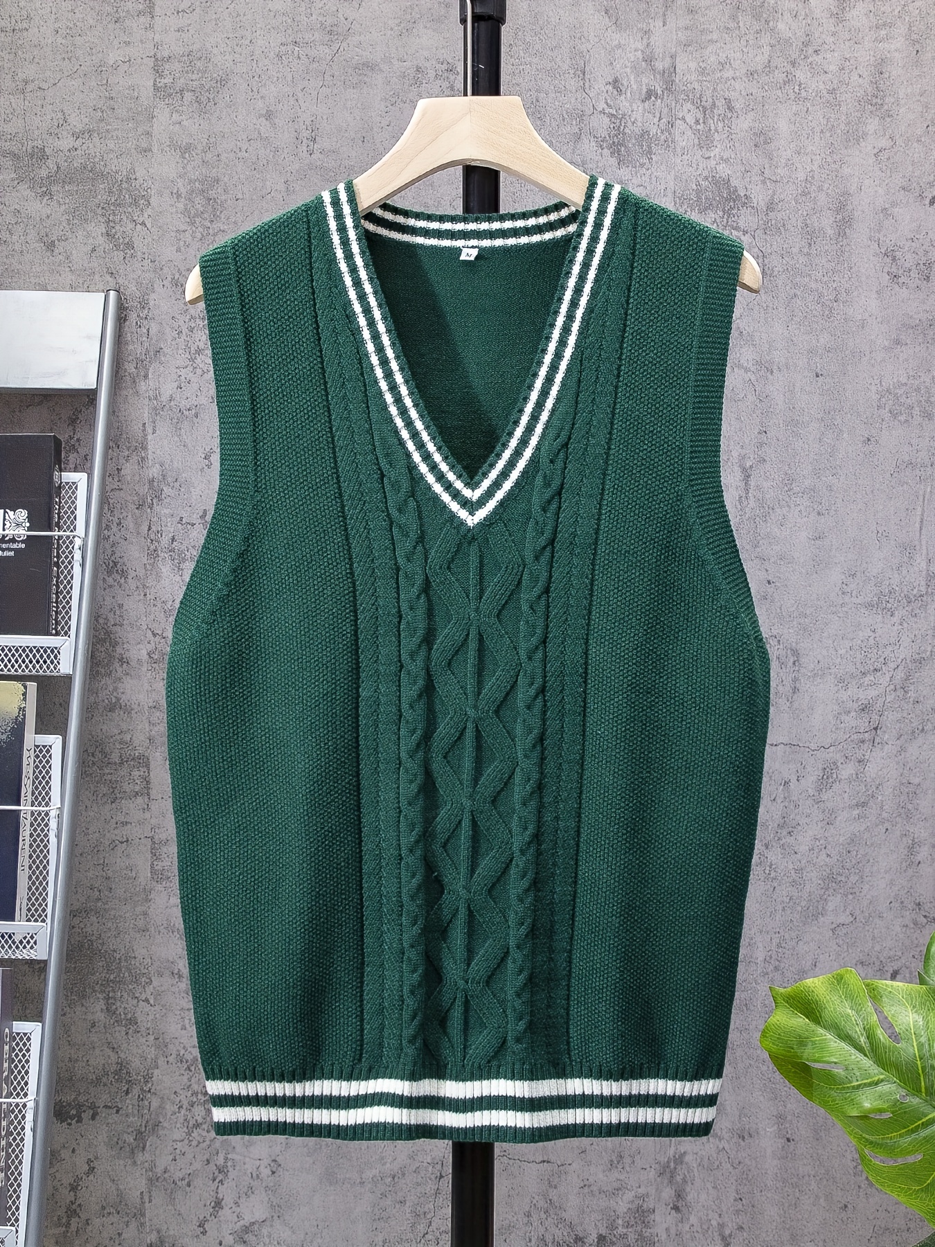 mens v neck preppy cable casual sleeveless knitted sweater vest mens clothing for autumn winter details 0