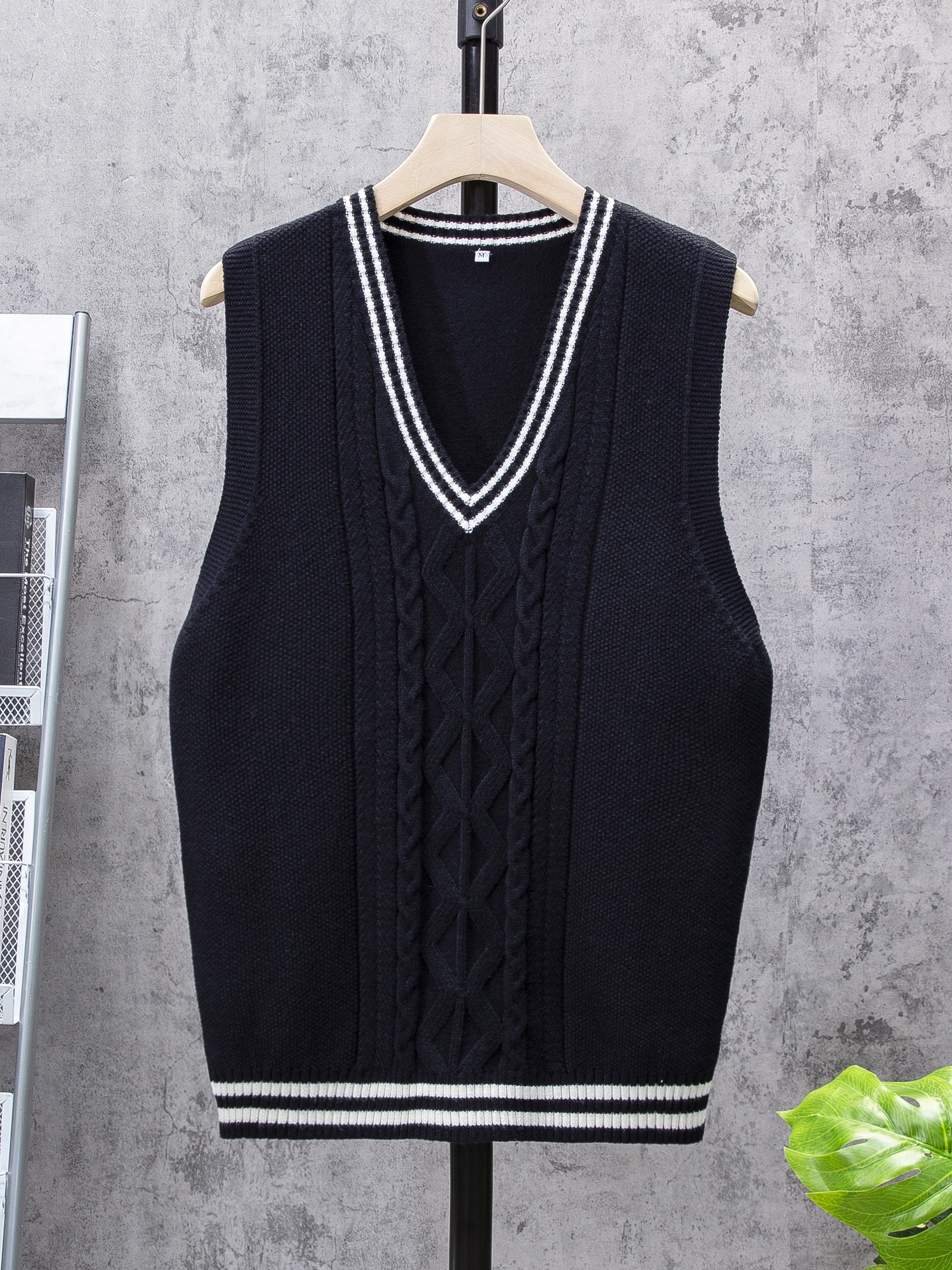 mens v neck preppy cable casual sleeveless knitted sweater vest mens clothing for autumn winter details 8