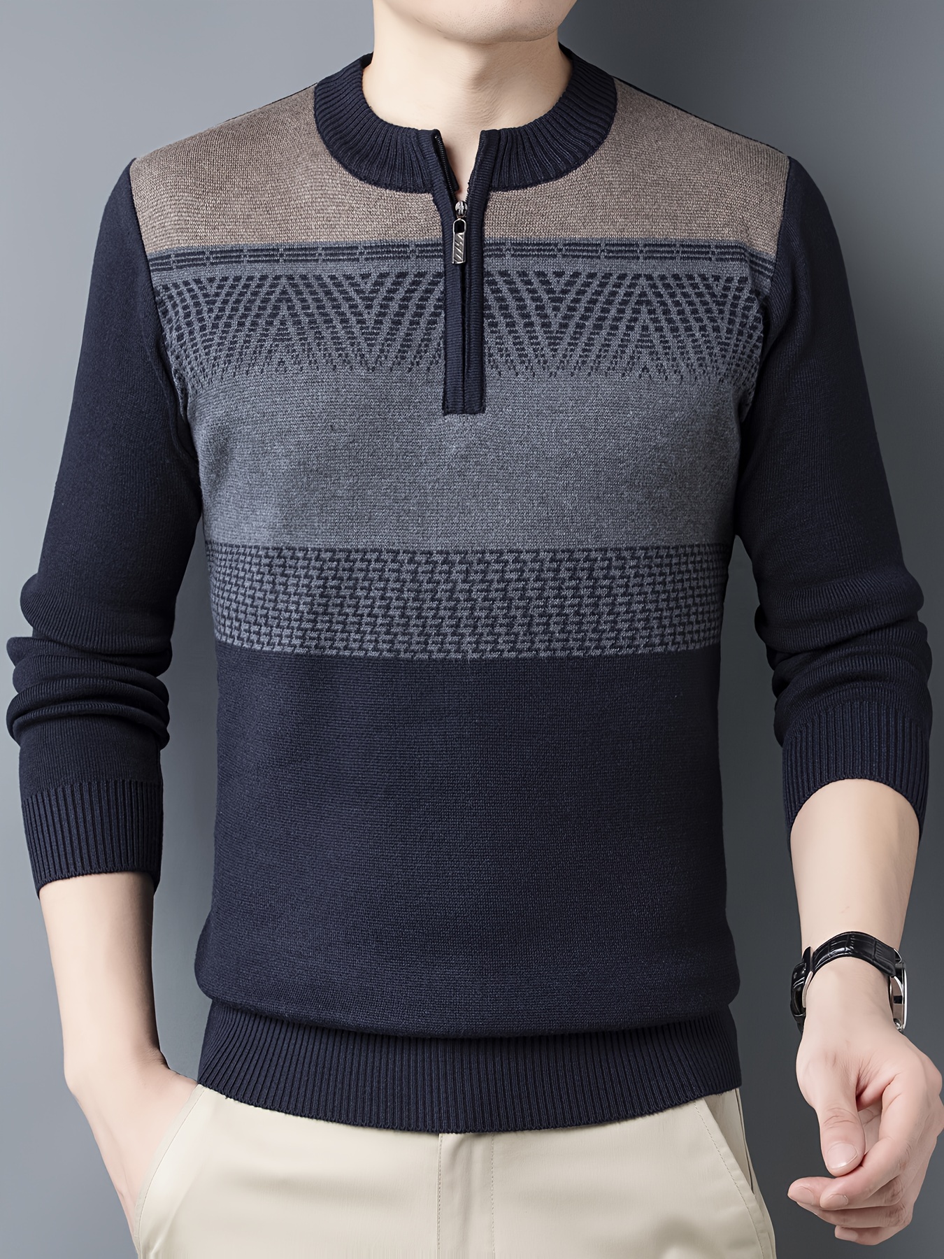 mens stylish knitted pullover casual mid stretch breathable long sleeve crew neck top for city walk street hanging outdoor activities details 3