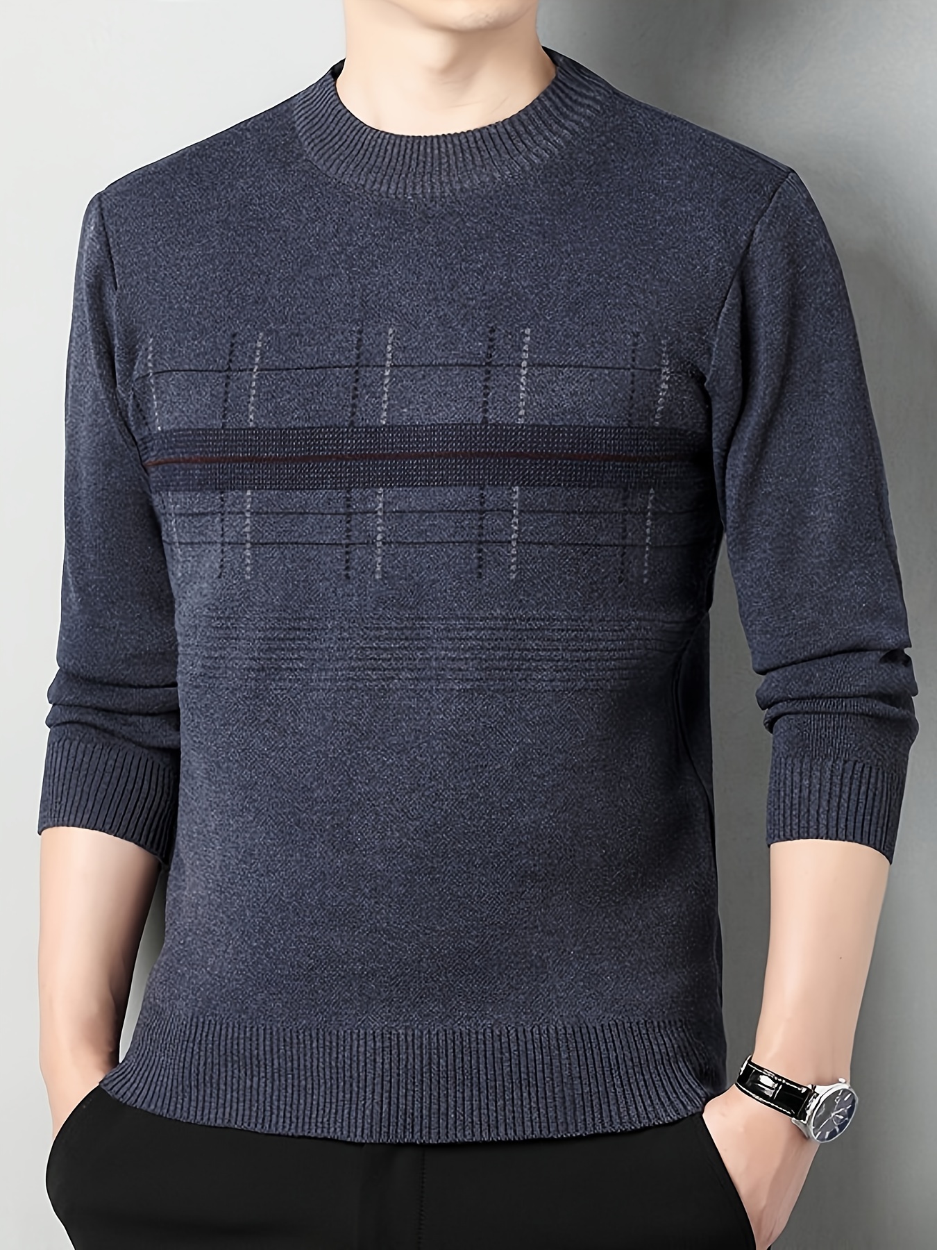 mens stylish loose solid knitted sweater casual slightly stretch breathable long sleeve turtle neck top for business activities details 10