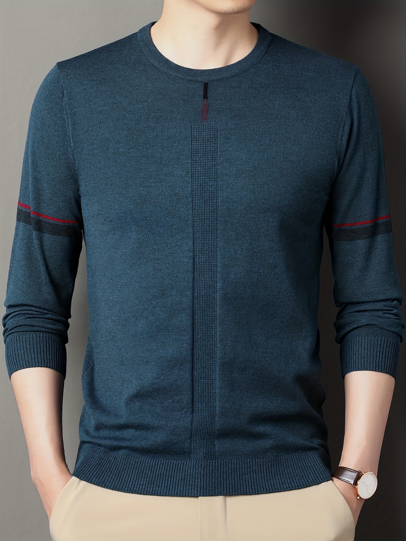 mens solid knit sweater casual elegant pullover for spring fall winter mens clothing details 3