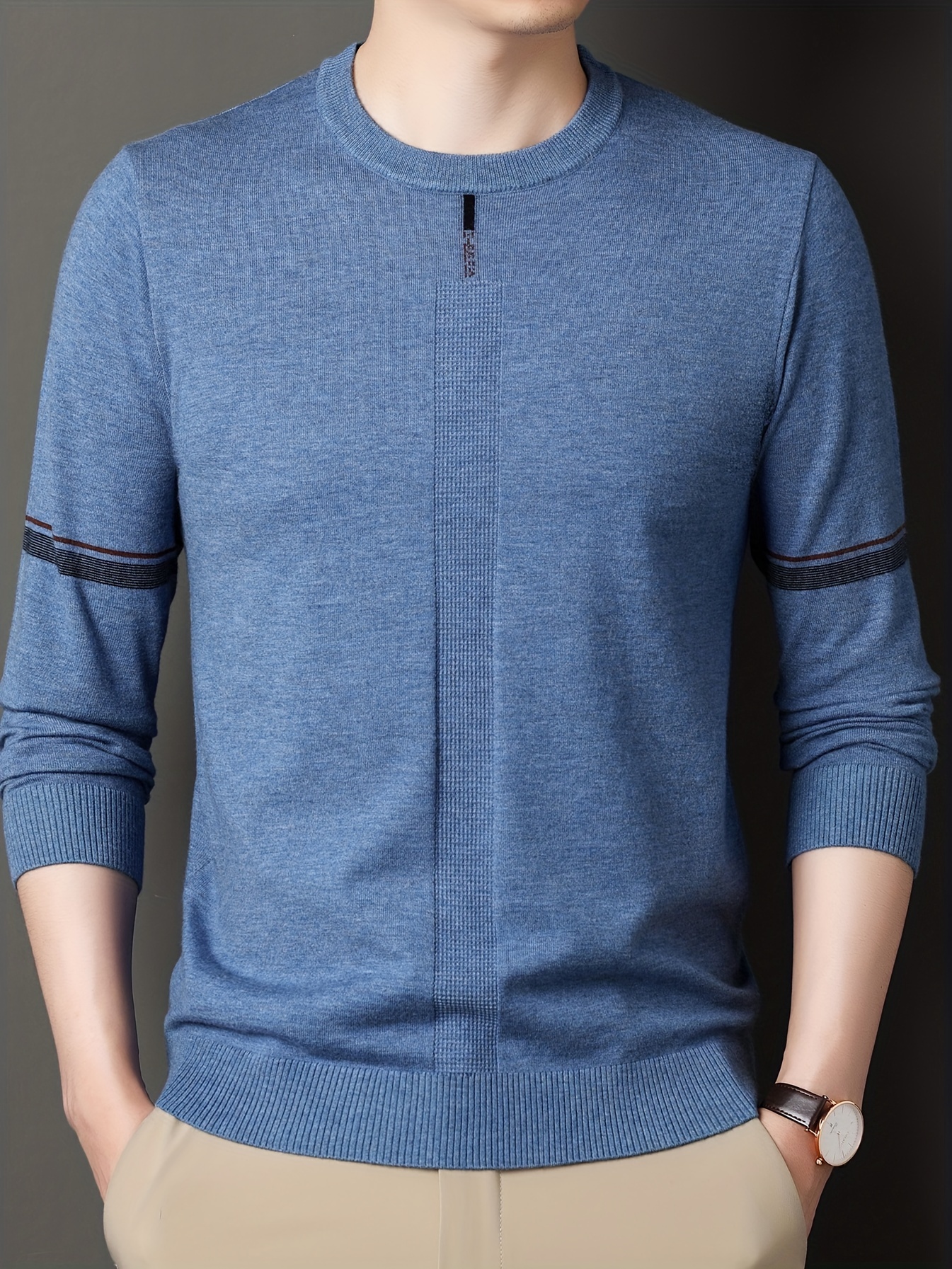 mens solid knit sweater casual elegant pullover for spring fall winter mens clothing details 7