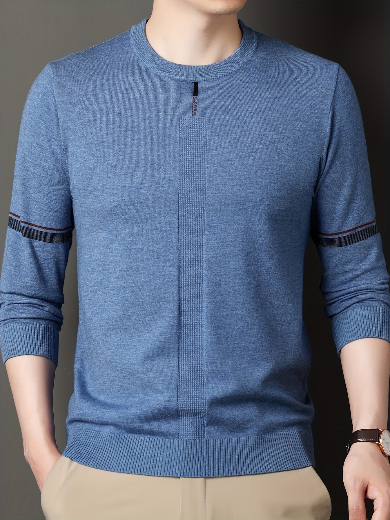 mens solid knit sweater casual elegant pullover for spring fall winter mens clothing details 8