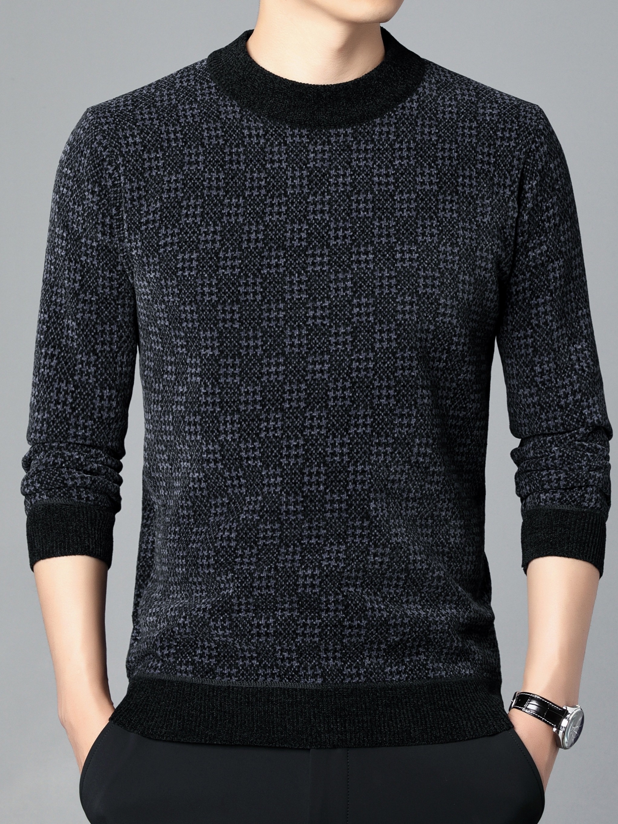 mens stylish loose geometric pattern sweater casual breathable long sleeve crew neck top for city walk street hanging outdoor activities details 9