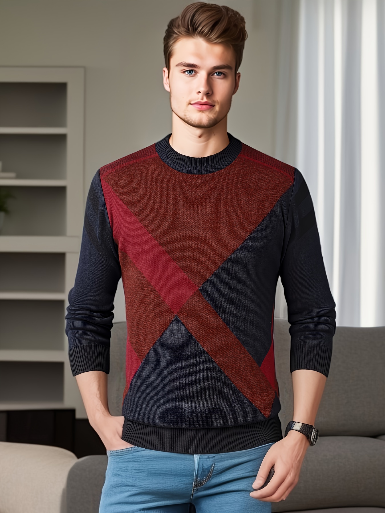 mens stylish geometric pattern knitted pullover casual mid stretch breathable long sleeve crew neck top for city walk street hanging outdoor activities details 0