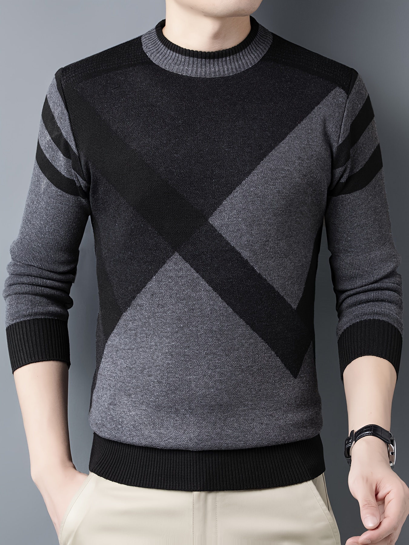 mens stylish geometric pattern knitted pullover casual mid stretch breathable long sleeve crew neck top for city walk street hanging outdoor activities details 5