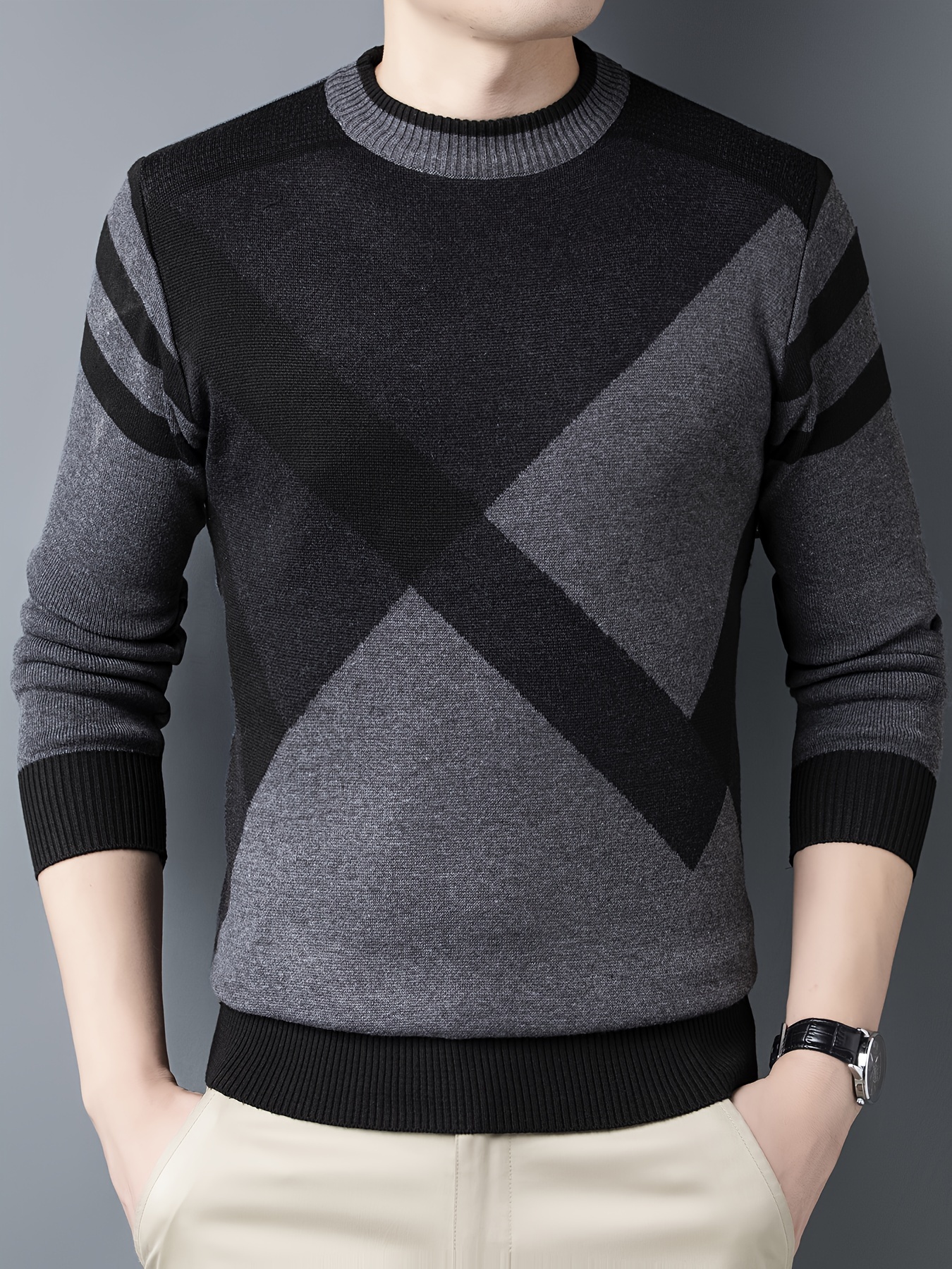 mens stylish geometric pattern knitted pullover casual mid stretch breathable long sleeve crew neck top for city walk street hanging outdoor activities details 6