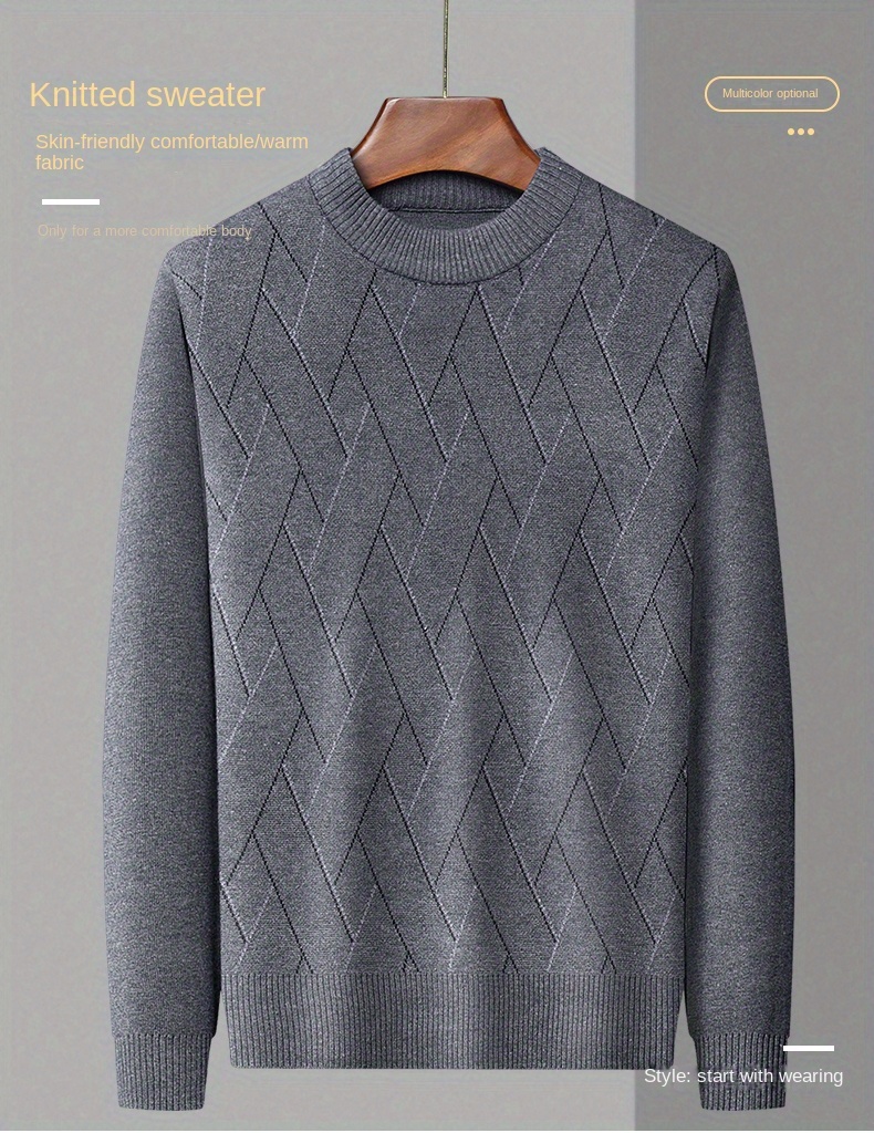 mens stylish geometric pattern knitted pullover casual breathable long sleeve crew neck top for city walk street hanging outdoor activities details 0