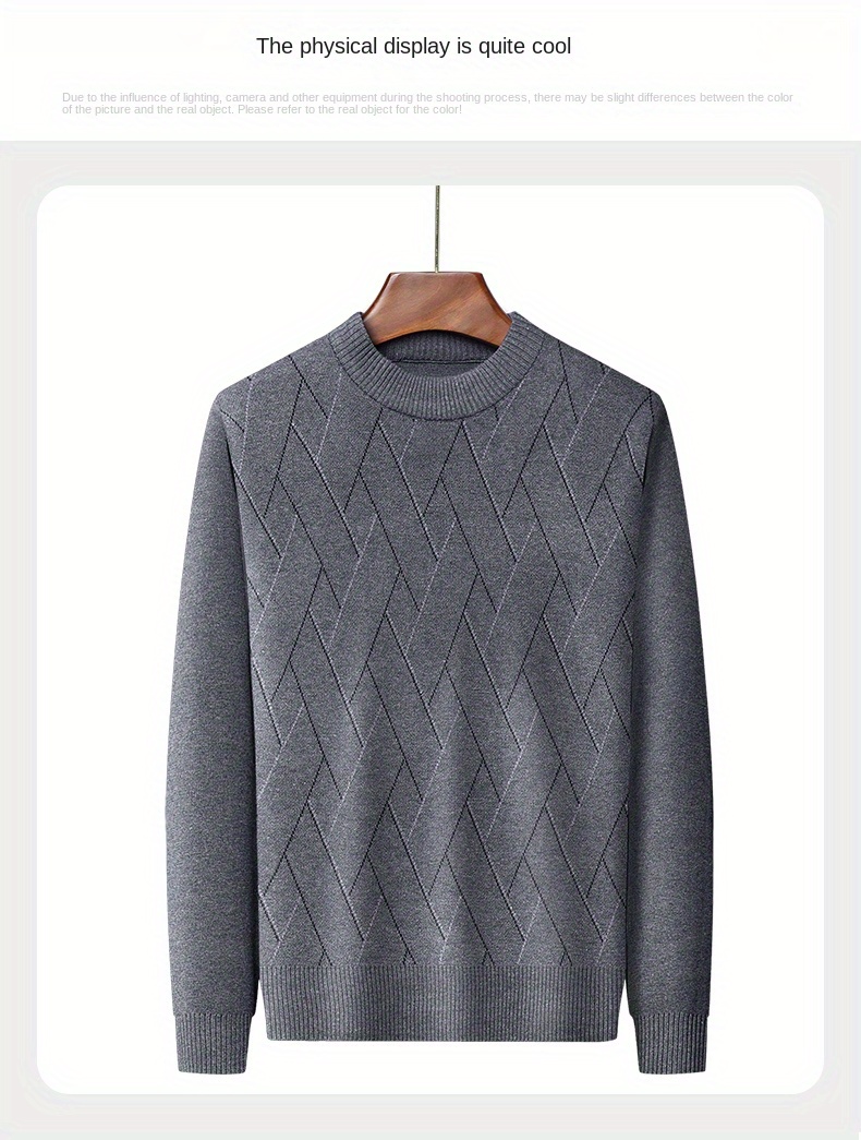 mens stylish geometric pattern knitted pullover casual breathable long sleeve crew neck top for city walk street hanging outdoor activities details 4