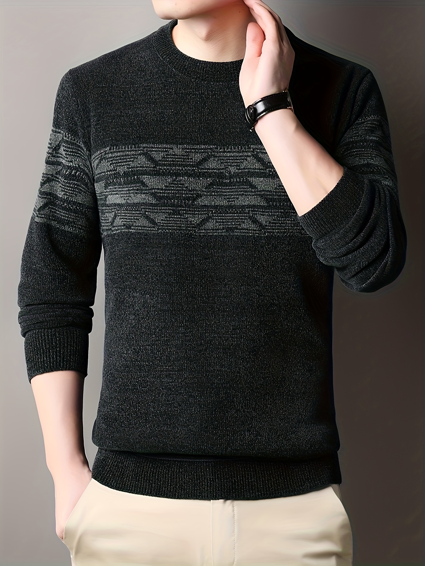 ethnic pattern knitted slim sweater mens casual warm mid stretch crew neck pullover sweater for men fall winter details 0