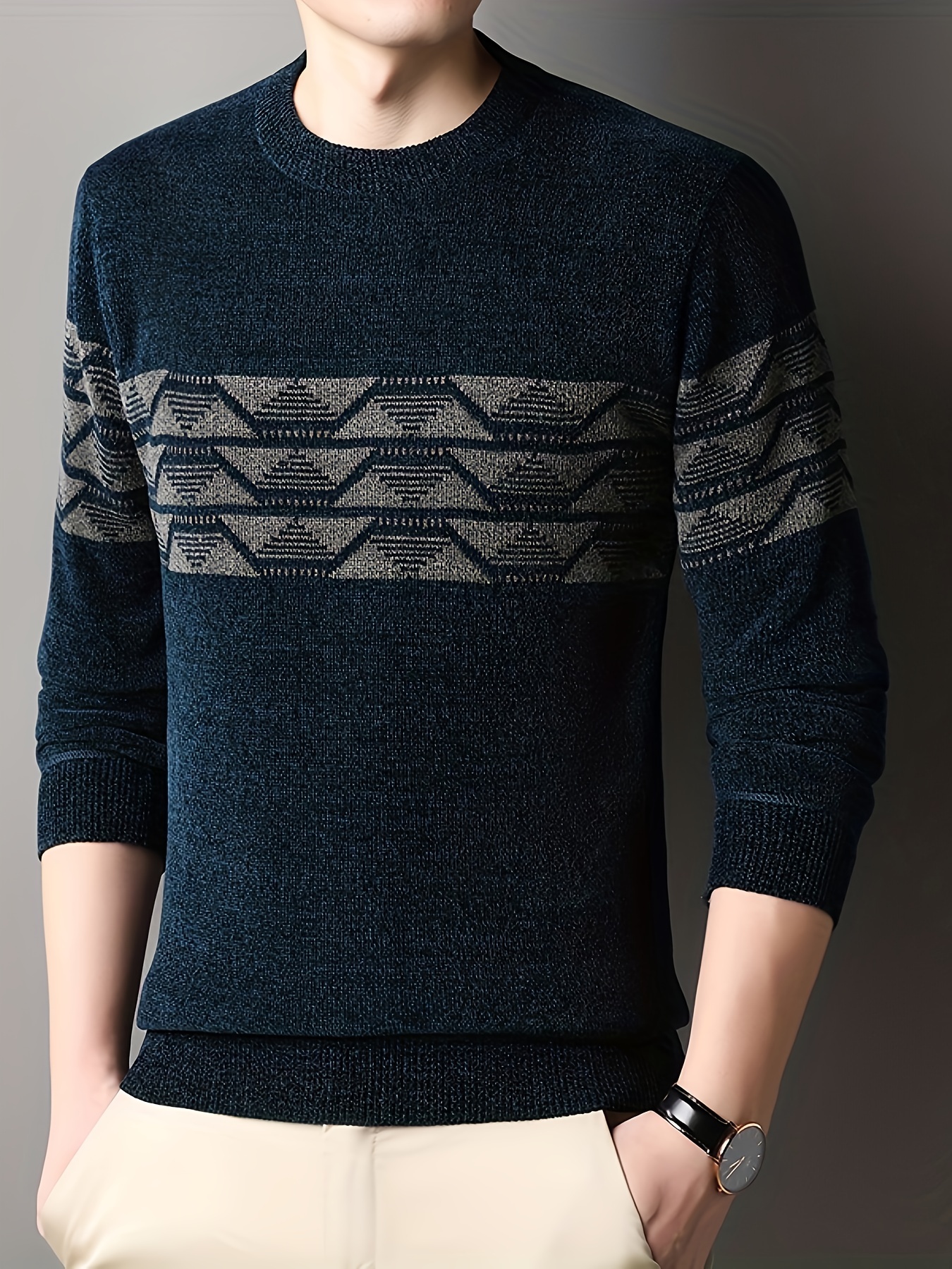 ethnic pattern knitted slim sweater mens casual warm mid stretch crew neck pullover sweater for men fall winter details 12