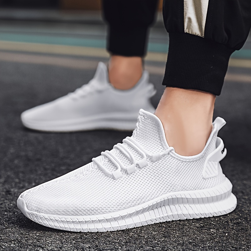 mens trendy solid woven knit breathable sneakers comfy non slip lace up soft sole shoes for mens outdoor activities details 0