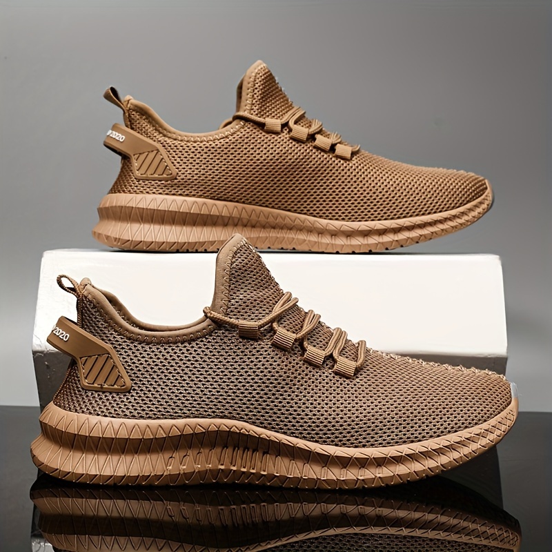 mens trendy solid woven knit breathable sneakers comfy non slip lace up soft sole shoes for mens outdoor activities details 1