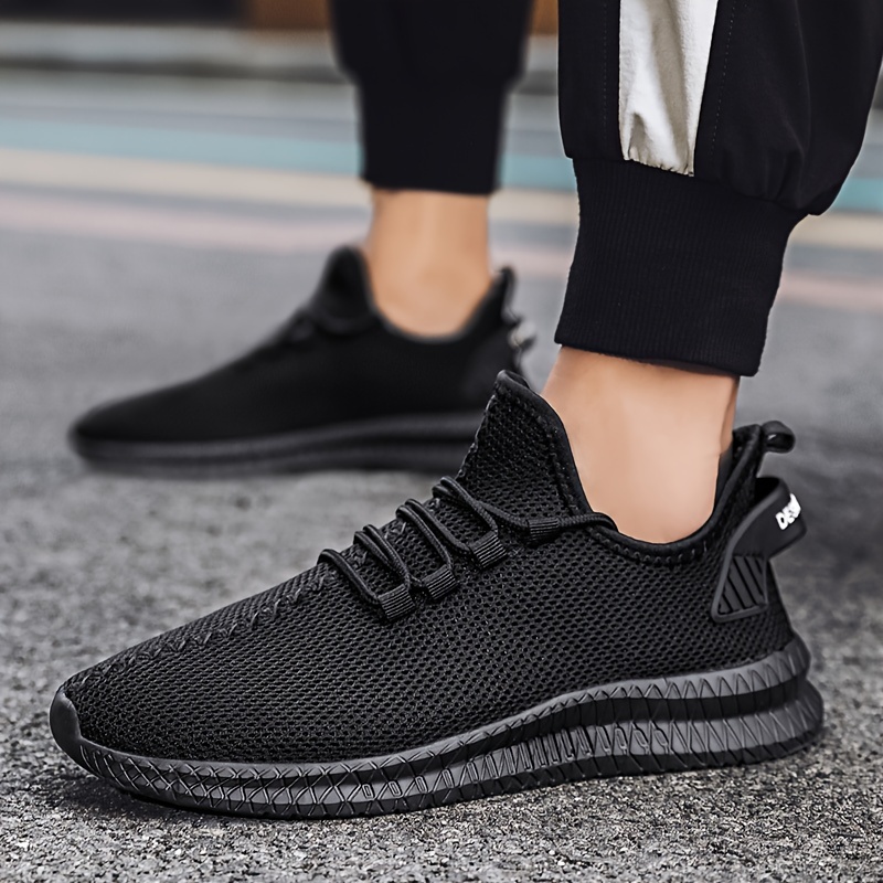 mens trendy solid woven knit breathable sneakers comfy non slip lace up soft sole shoes for mens outdoor activities details 3