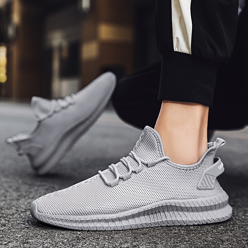 mens trendy solid woven knit breathable sneakers comfy non slip lace up soft sole shoes for mens outdoor activities details 4