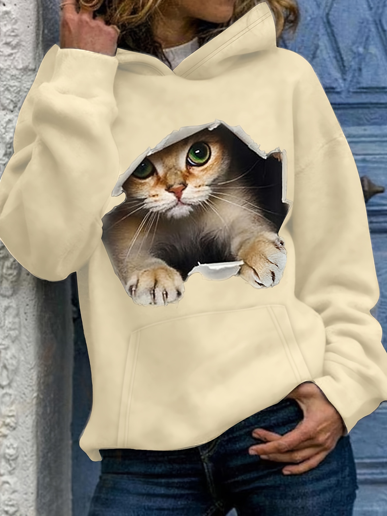 cute cat print kangaroo pocket hoodie casual long sleeve hoodies sweatshirt womens clothing details 0