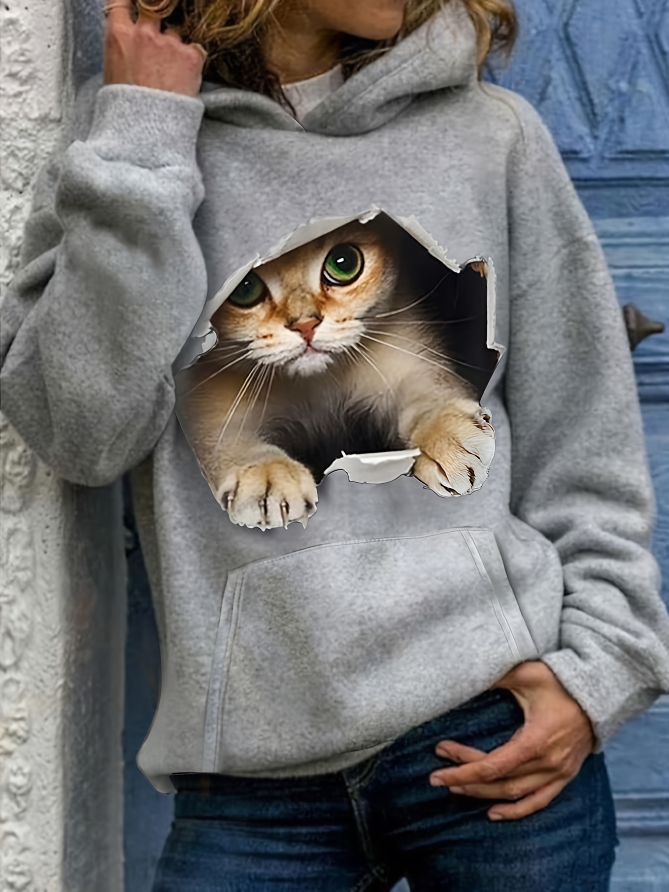 cute cat print kangaroo pocket hoodie casual long sleeve hoodies sweatshirt womens clothing details 4