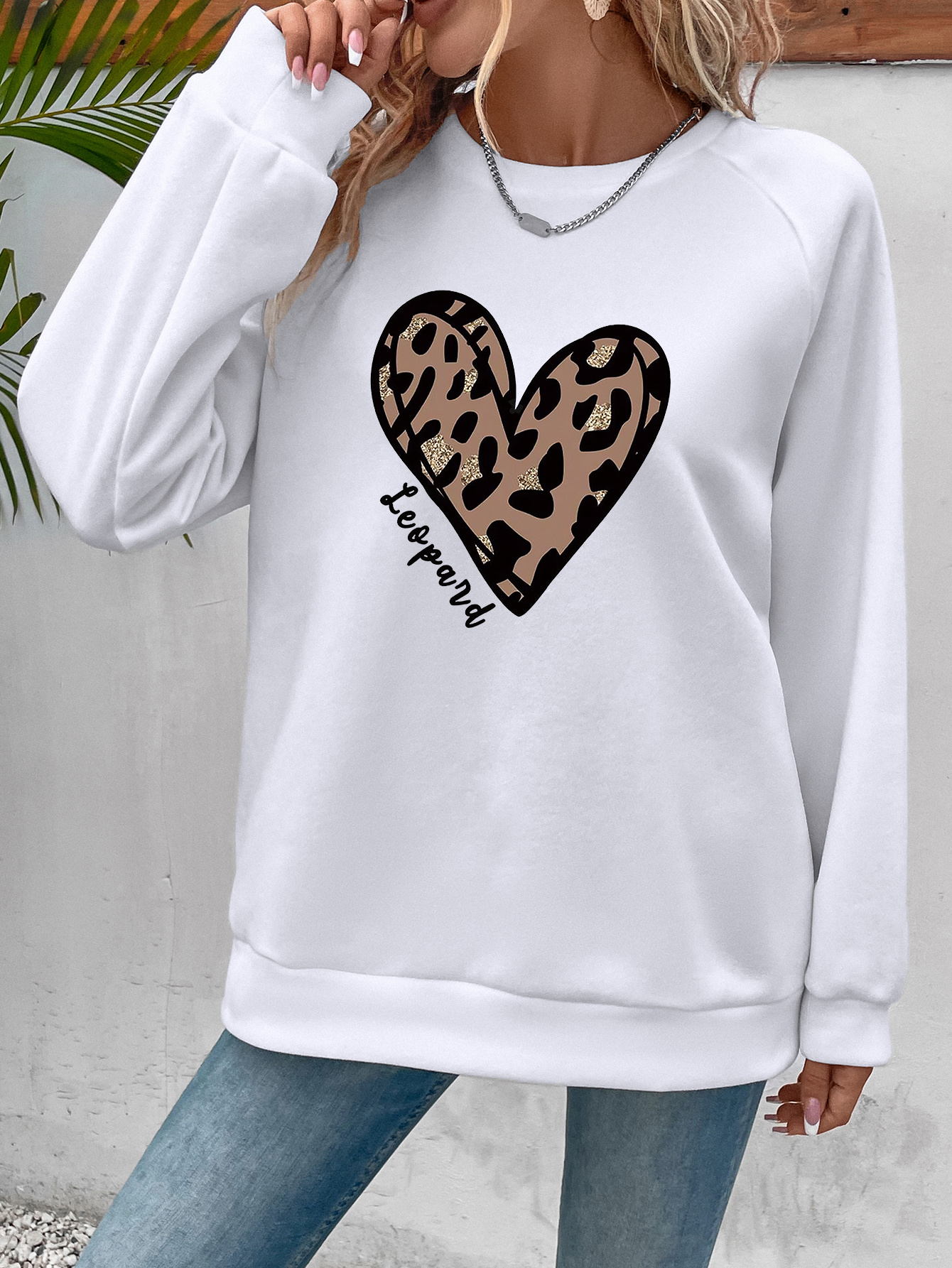 leopard heart print sweatshirt, leopard heart print sweatshirt casual long sleeve crew neck sweatshirt womens clothing details 0