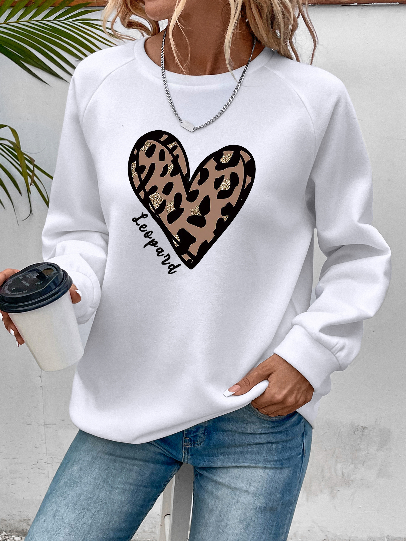 leopard heart print sweatshirt, leopard heart print sweatshirt casual long sleeve crew neck sweatshirt womens clothing details 1