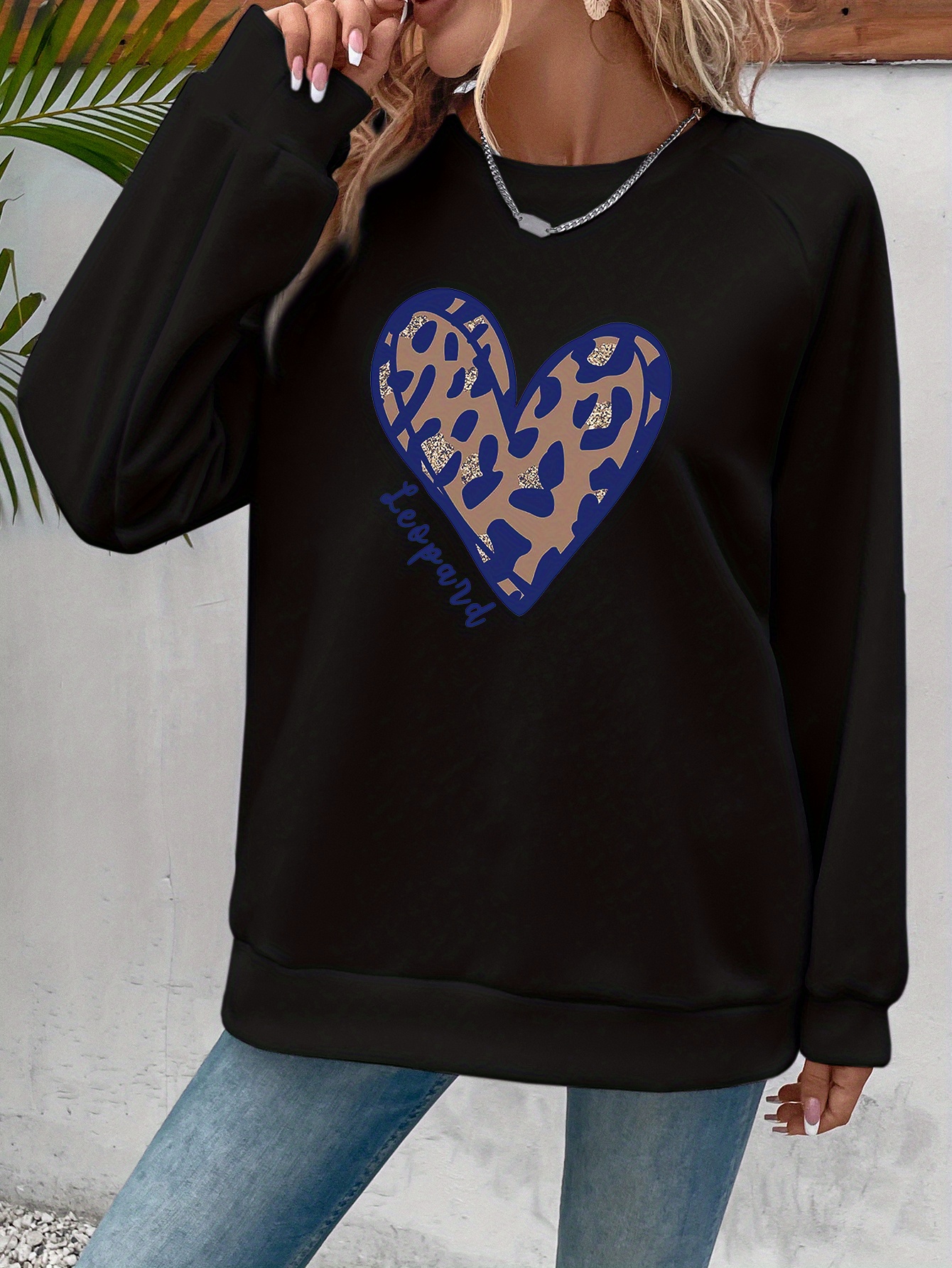 leopard heart print sweatshirt, leopard heart print sweatshirt casual long sleeve crew neck sweatshirt womens clothing details 3