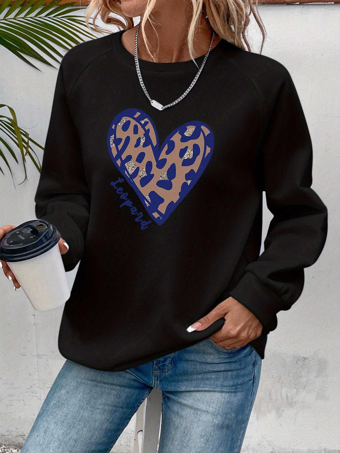 leopard heart print sweatshirt, leopard heart print sweatshirt casual long sleeve crew neck sweatshirt womens clothing details 4