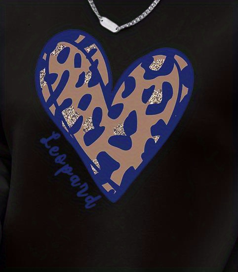 leopard heart print sweatshirt, leopard heart print sweatshirt casual long sleeve crew neck sweatshirt womens clothing details 5