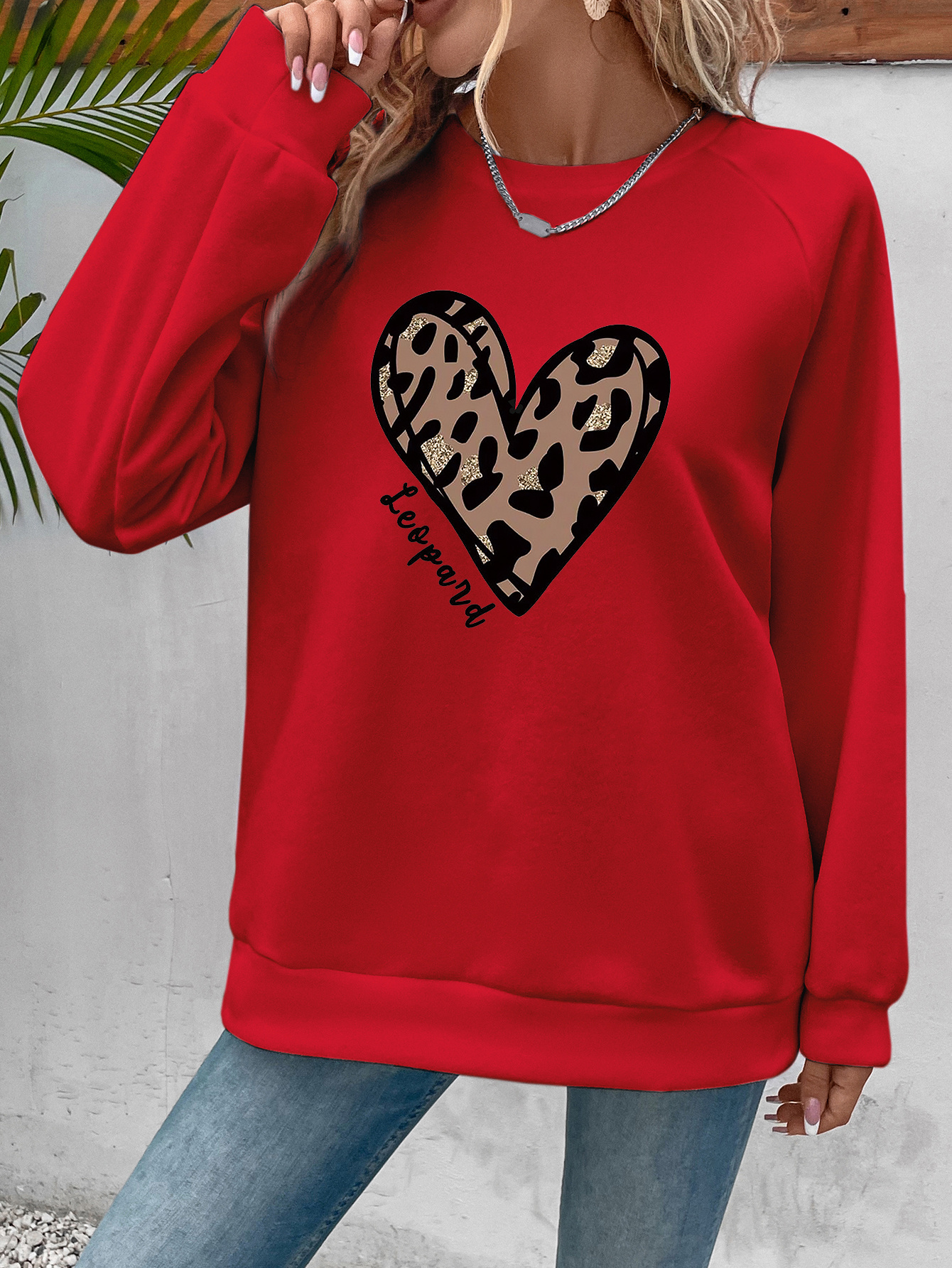 leopard heart print sweatshirt, leopard heart print sweatshirt casual long sleeve crew neck sweatshirt womens clothing details 6