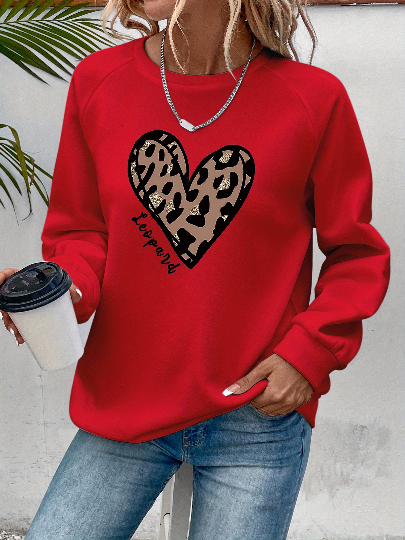 leopard heart print sweatshirt, leopard heart print sweatshirt casual long sleeve crew neck sweatshirt womens clothing details 7