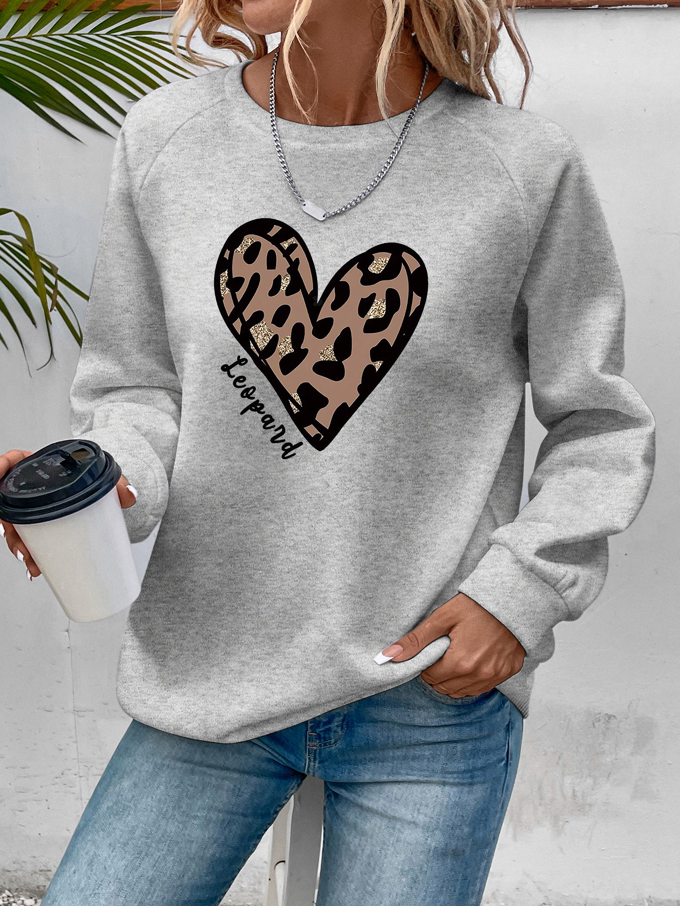 leopard heart print sweatshirt, leopard heart print sweatshirt casual long sleeve crew neck sweatshirt womens clothing details 9