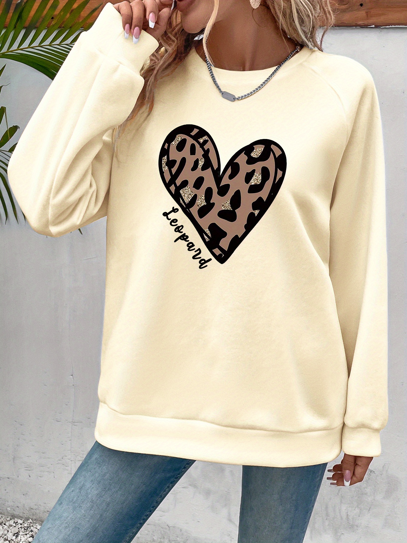 leopard heart print sweatshirt, leopard heart print sweatshirt casual long sleeve crew neck sweatshirt womens clothing details 13