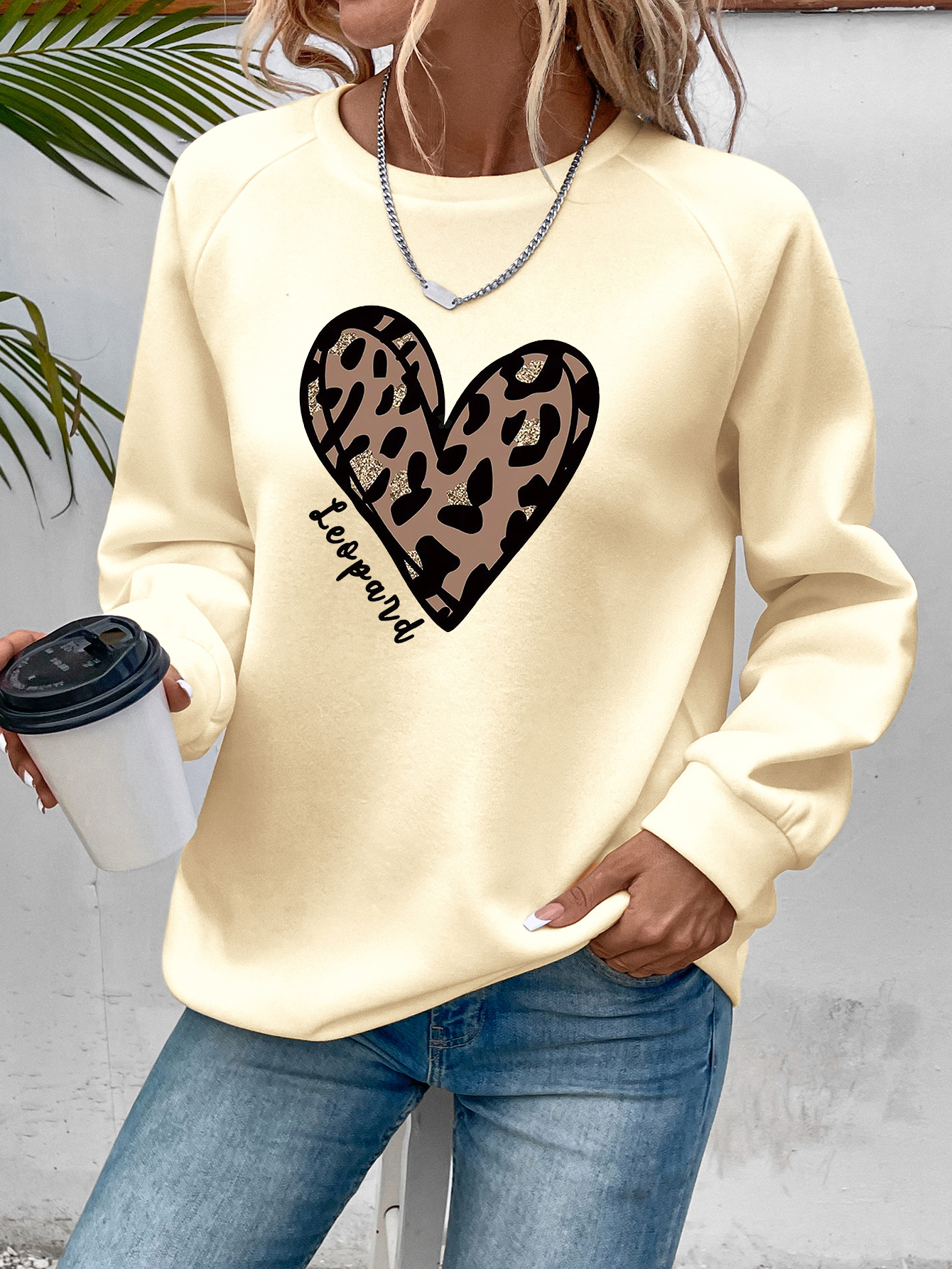 leopard heart print sweatshirt, leopard heart print sweatshirt casual long sleeve crew neck sweatshirt womens clothing details 14