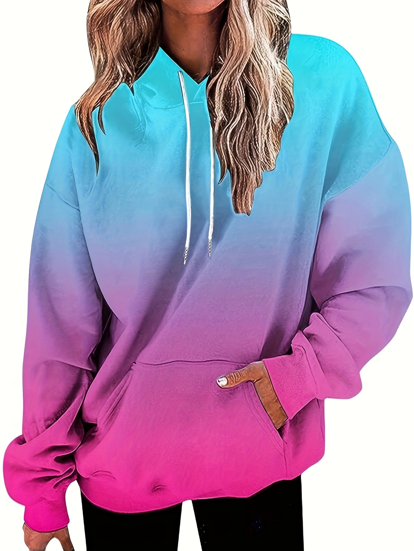 ombre drawstring hoodie casual long sleeve kangaroo pocket sweatshirt womens clothing details 0