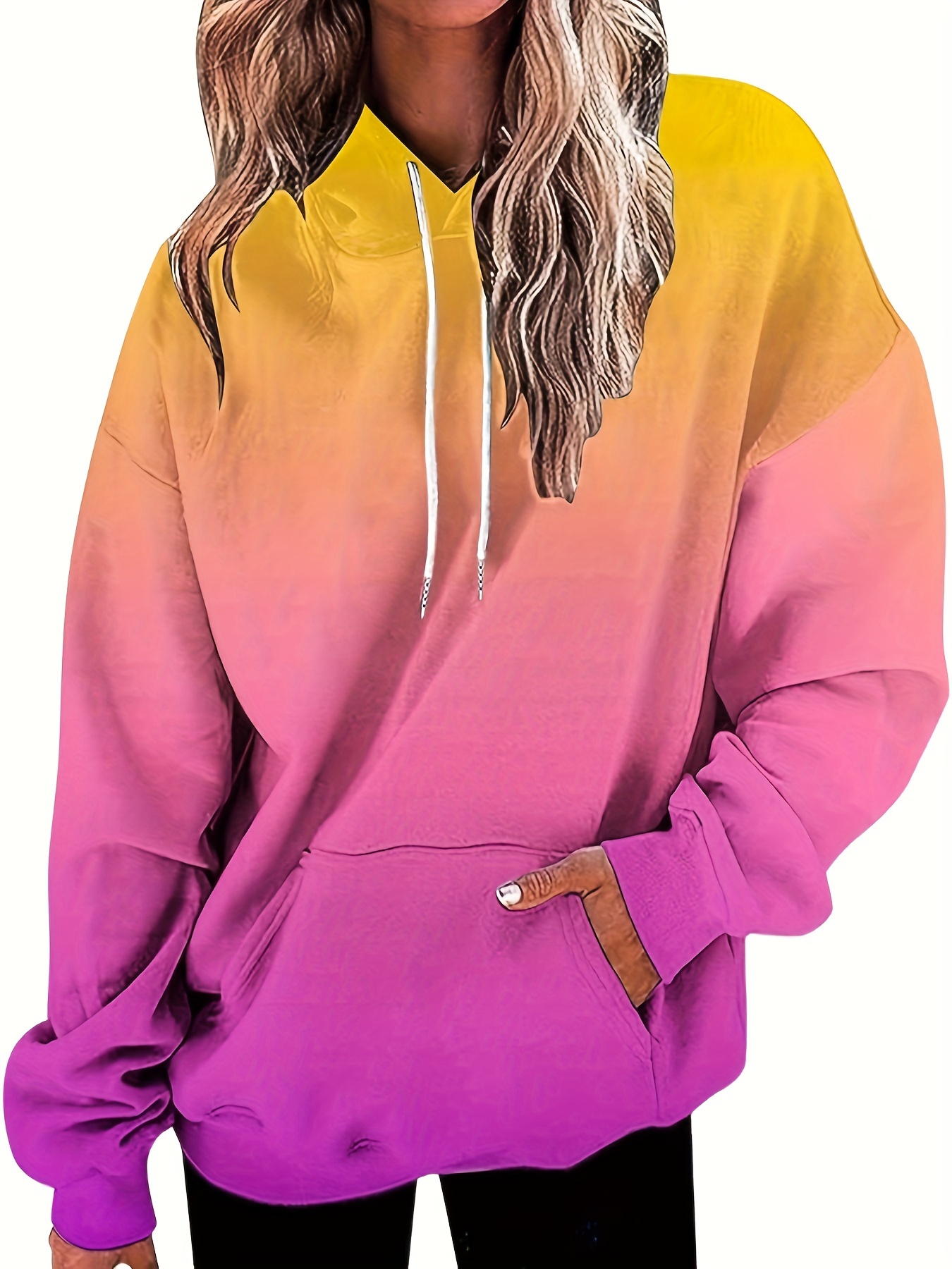 ombre drawstring hoodie casual long sleeve kangaroo pocket sweatshirt womens clothing details 4