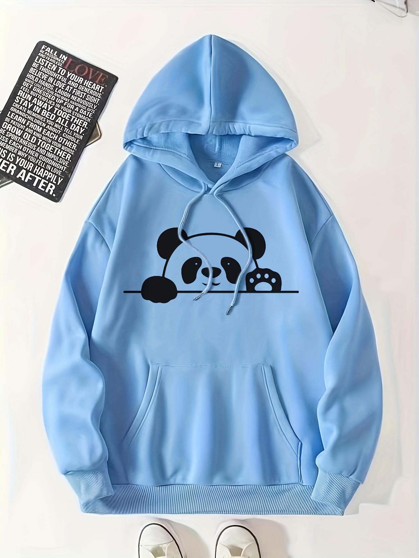 panda print kangaroo pocket hoodie casual long sleeve drawstring hoodie sweatshirt womens clothing details 3