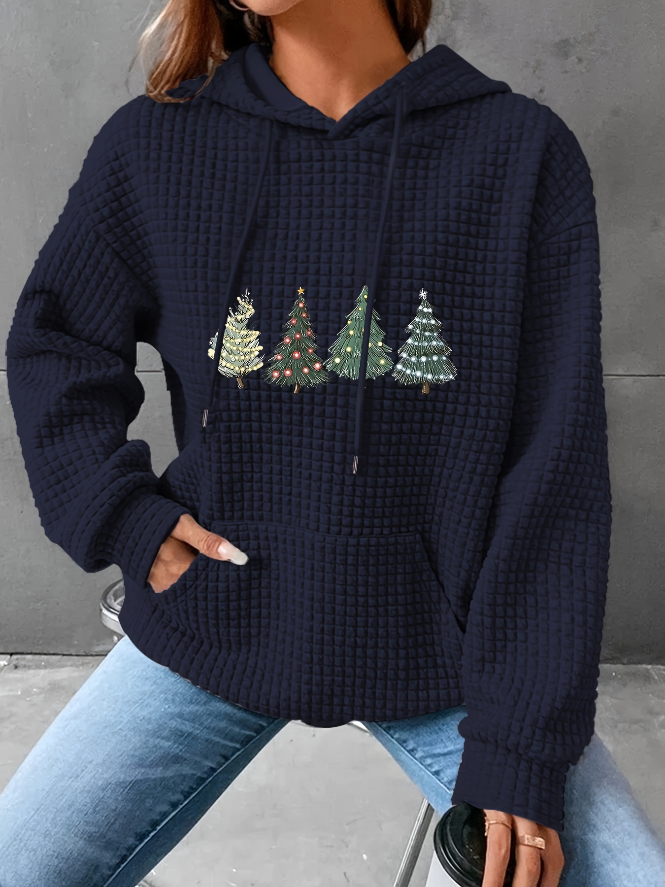 christmas tree print waffle drawstring hoodie casual long sleeve kangaroo pocket sweatshirt womens clothing details 0