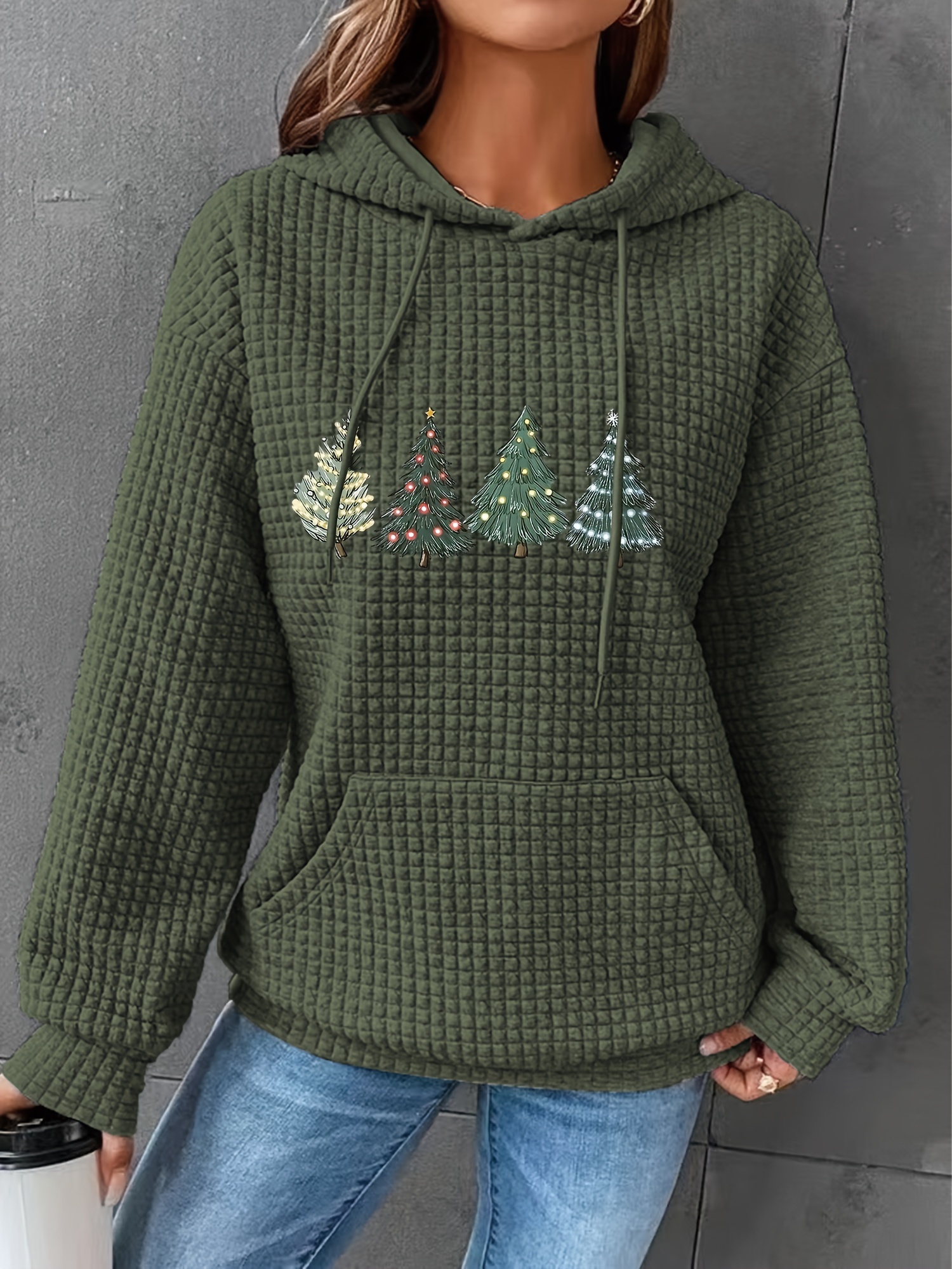 christmas tree print waffle drawstring hoodie casual long sleeve kangaroo pocket sweatshirt womens clothing details 3