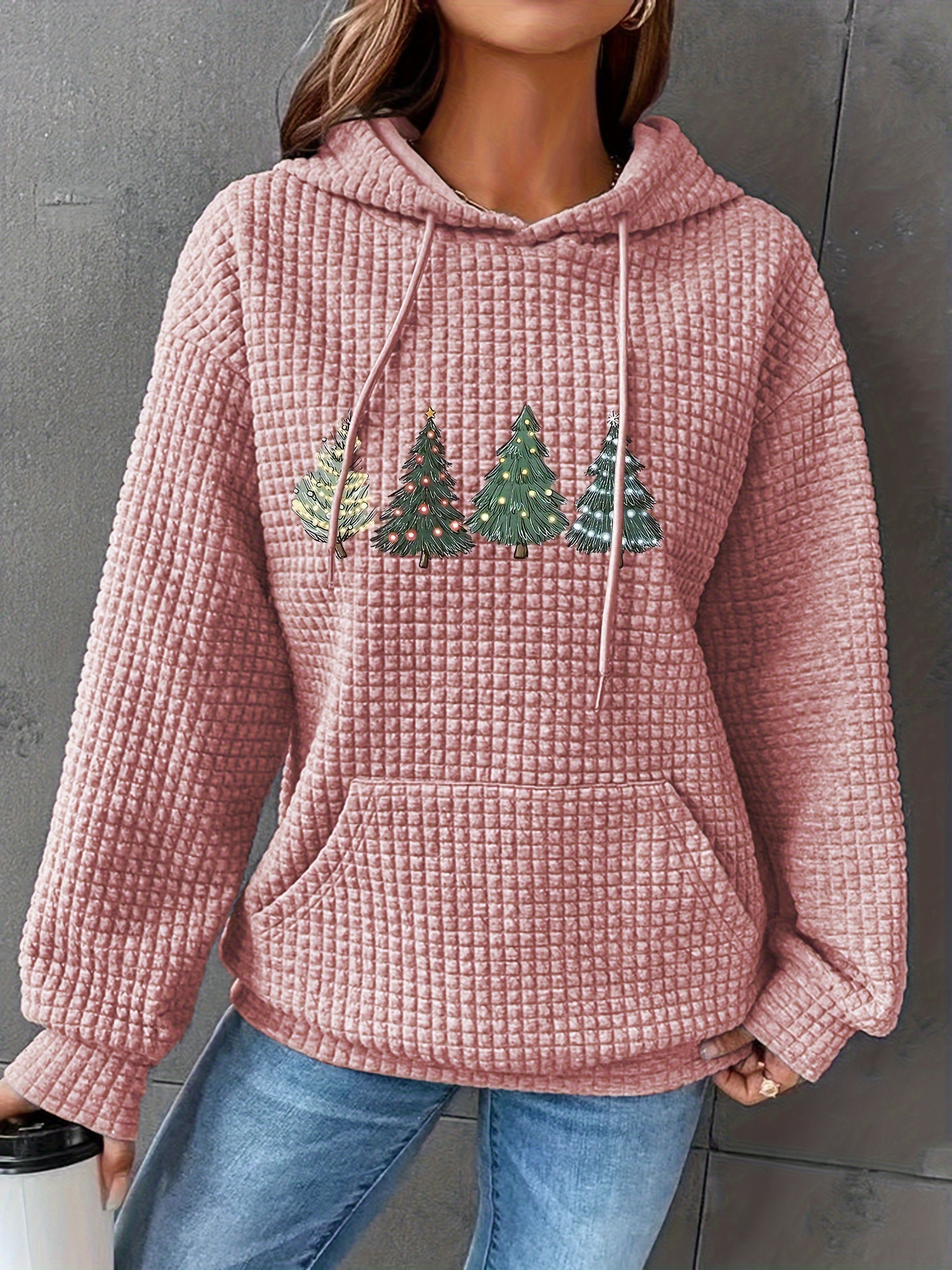 christmas tree print waffle drawstring hoodie casual long sleeve kangaroo pocket sweatshirt womens clothing details 6