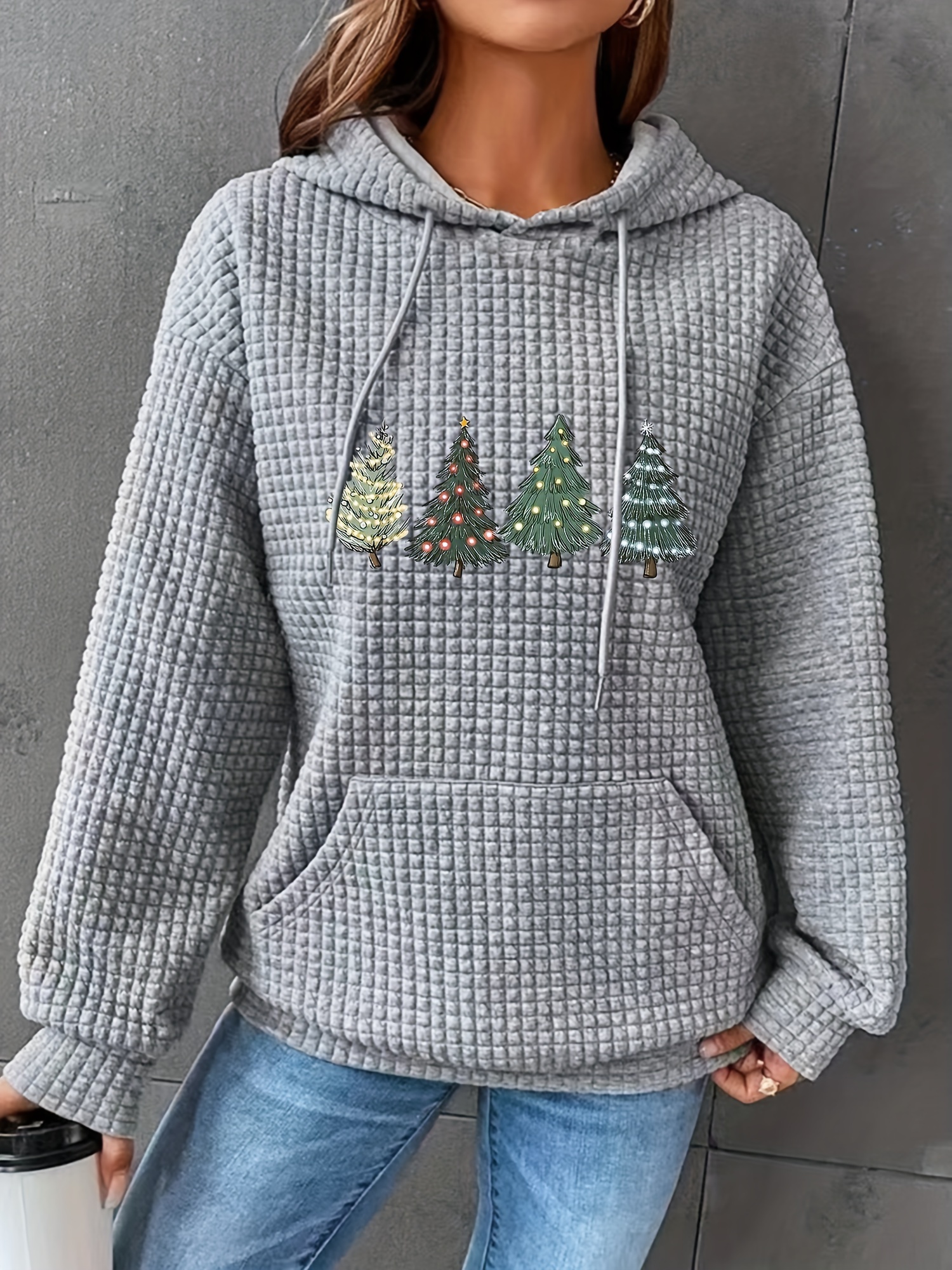 christmas tree print waffle drawstring hoodie casual long sleeve kangaroo pocket sweatshirt womens clothing details 9