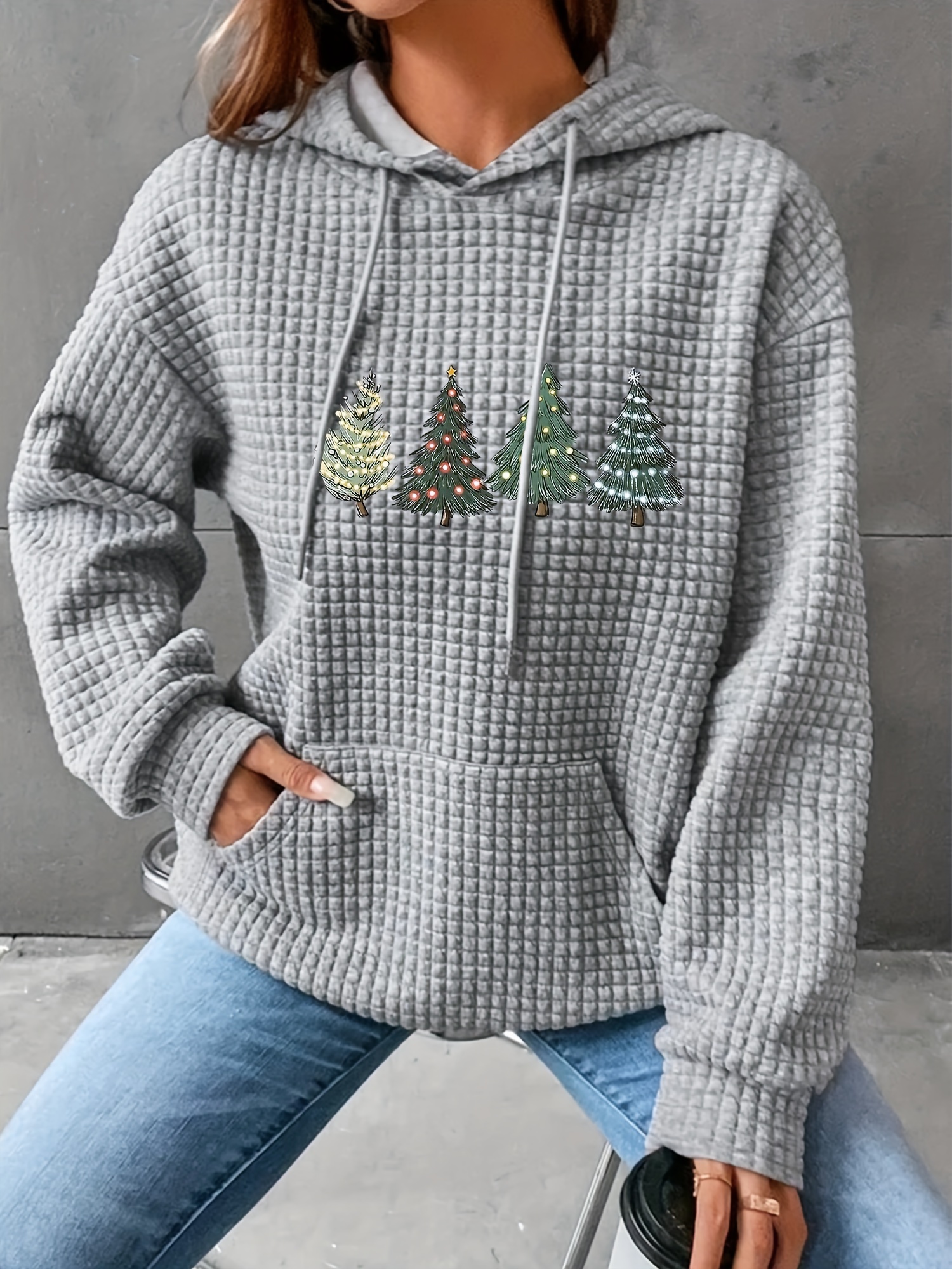 christmas tree print waffle drawstring hoodie casual long sleeve kangaroo pocket sweatshirt womens clothing details 11