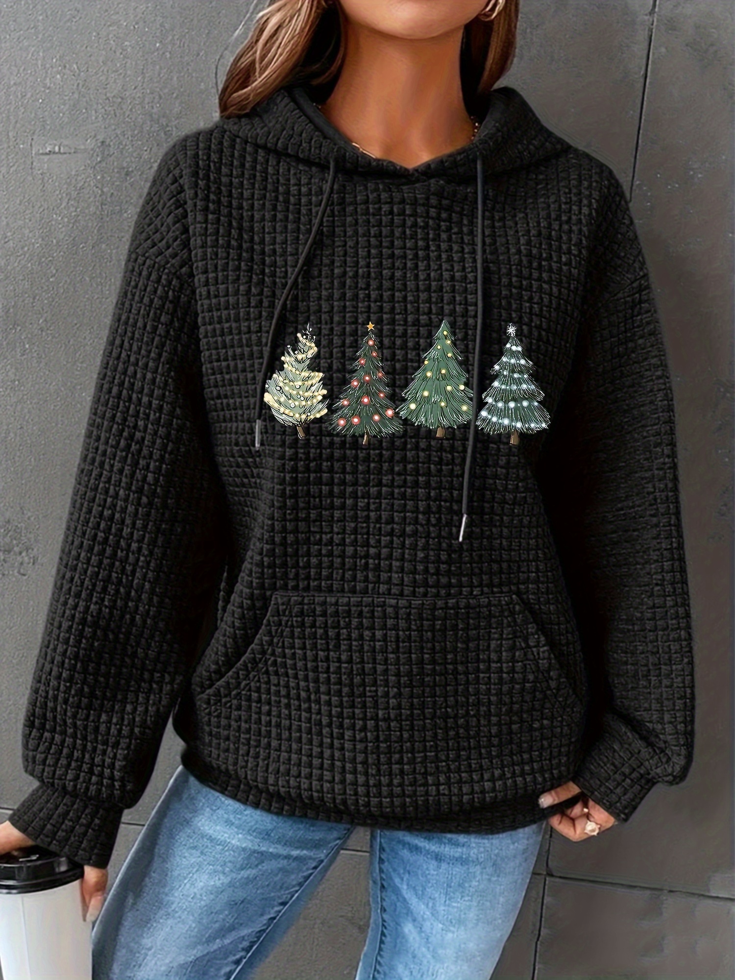 christmas tree print waffle drawstring hoodie casual long sleeve kangaroo pocket sweatshirt womens clothing details 14