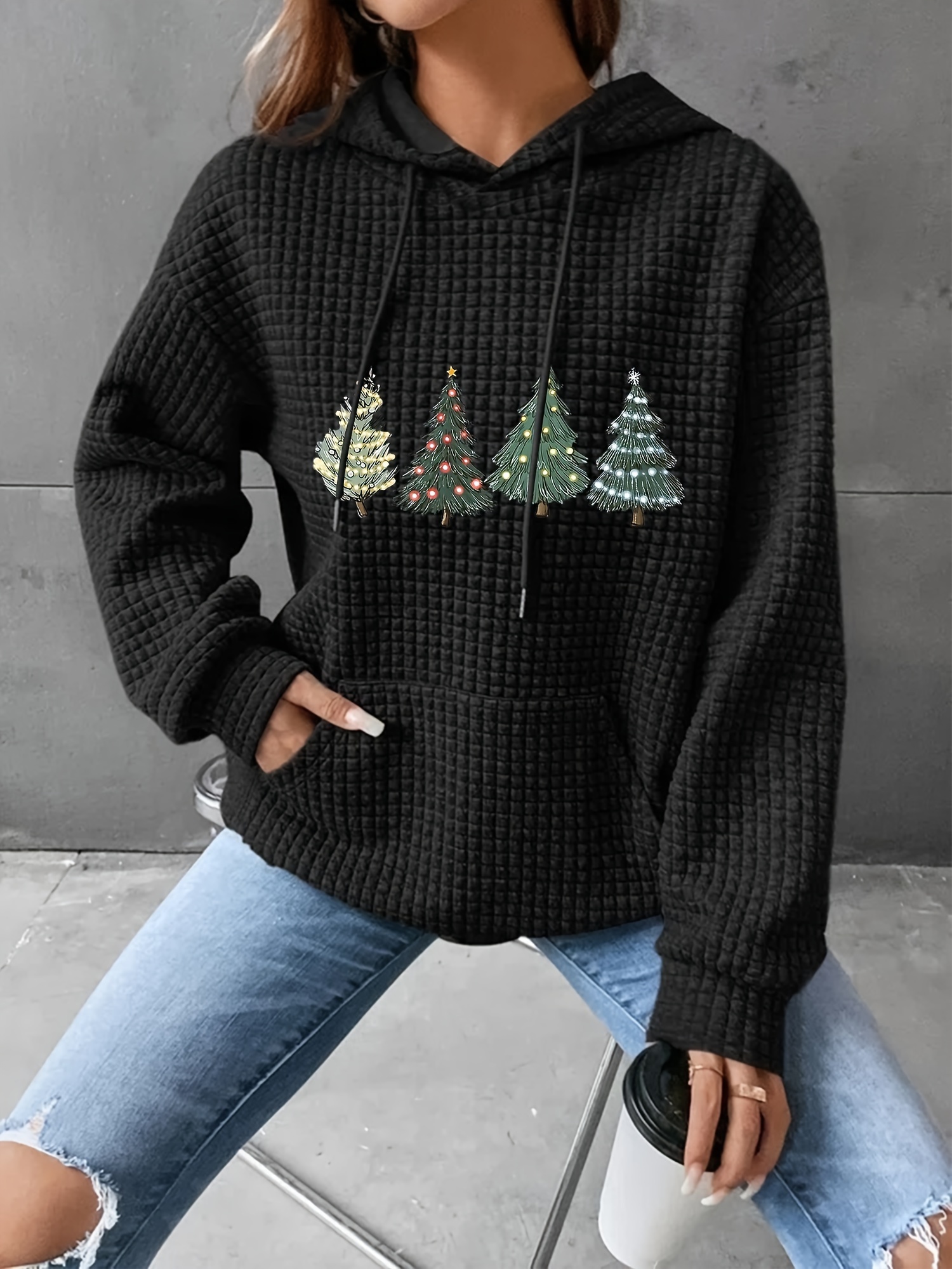 christmas tree print waffle drawstring hoodie casual long sleeve kangaroo pocket sweatshirt womens clothing details 16