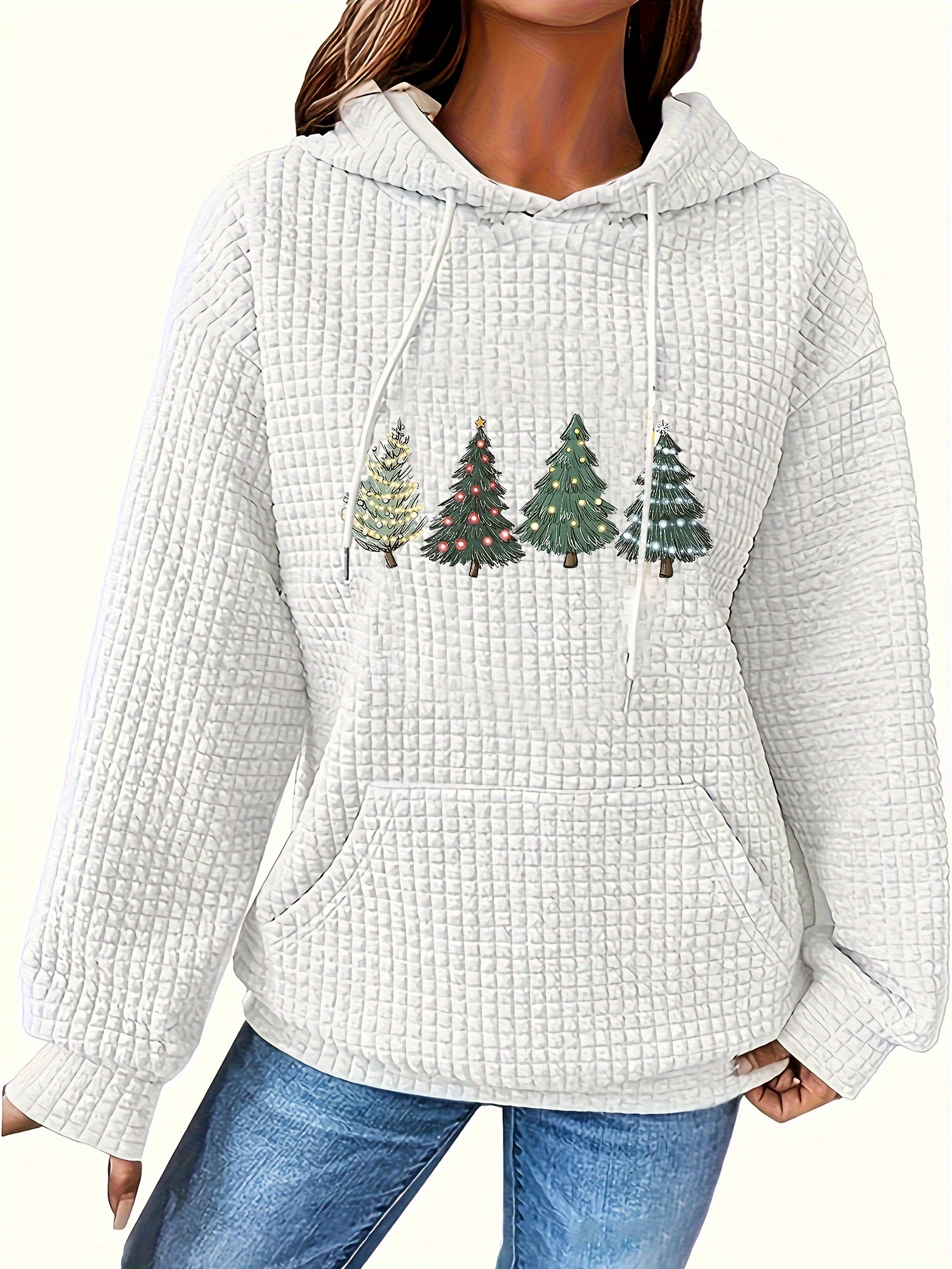 christmas tree print waffle drawstring hoodie casual long sleeve kangaroo pocket sweatshirt womens clothing details 20