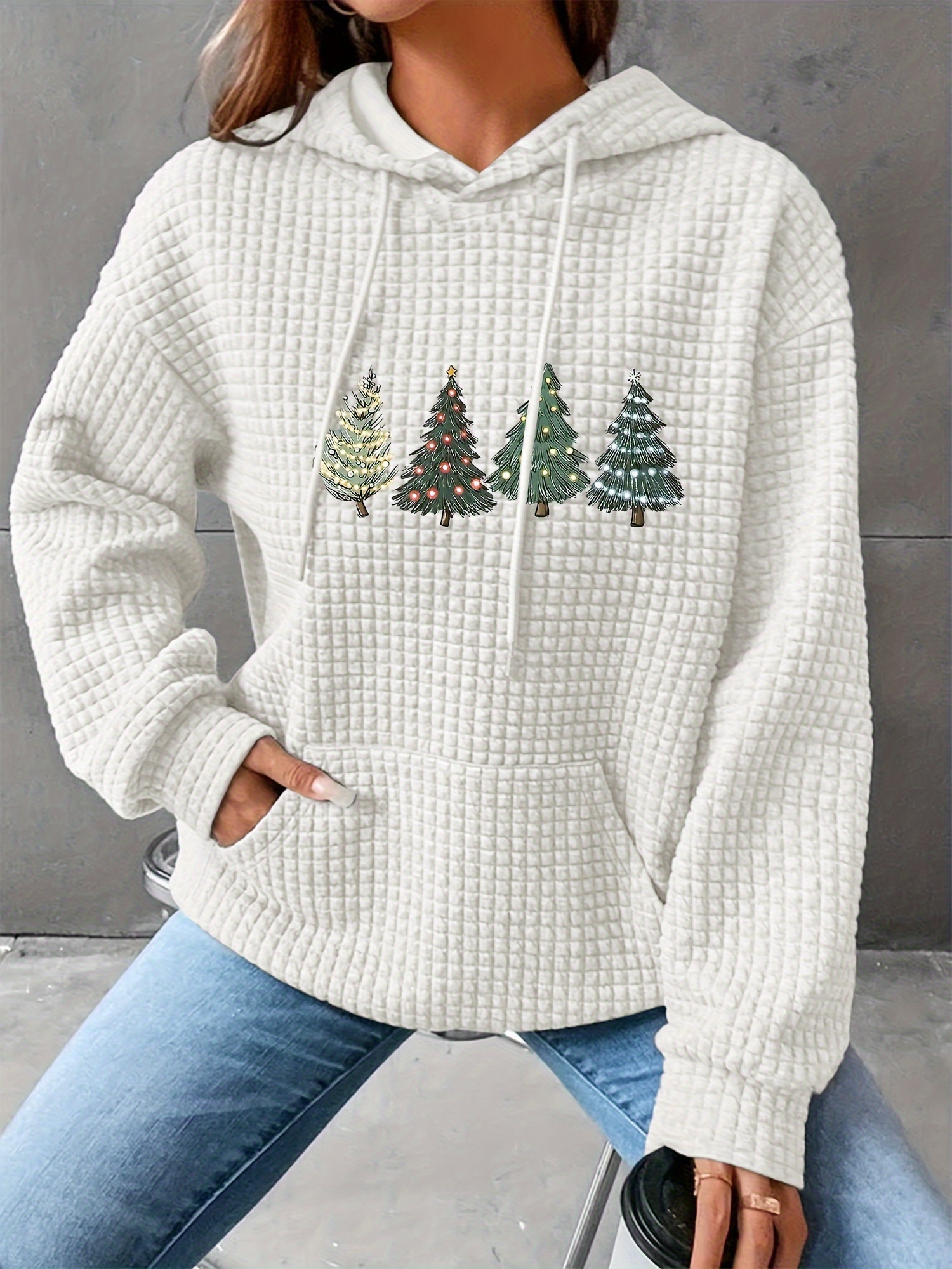 christmas tree print waffle drawstring hoodie casual long sleeve kangaroo pocket sweatshirt womens clothing details 21