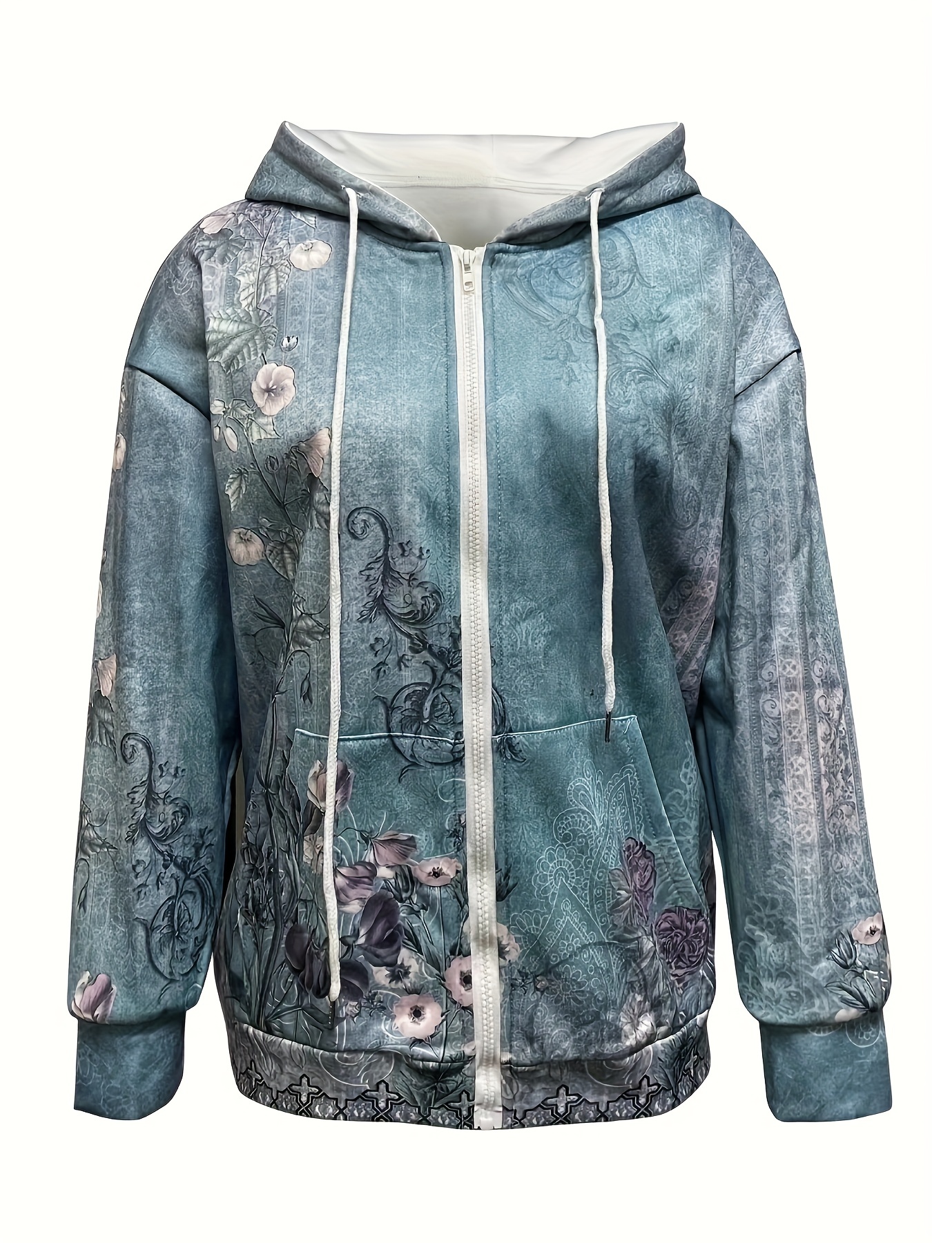 floral print drawstring hoodie casual long sleeve zip up hoodie womens clothing details 5