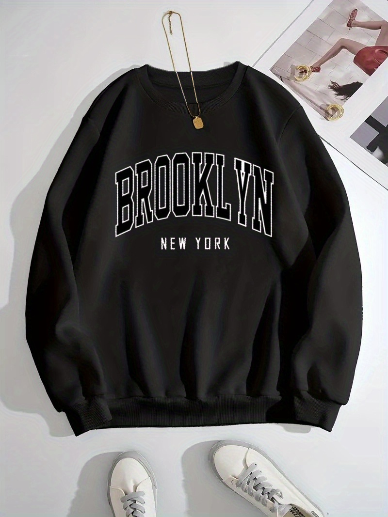 brooklyn print sweatshirt casual long sleeve crew neck sweatshirt womens clothing details 0