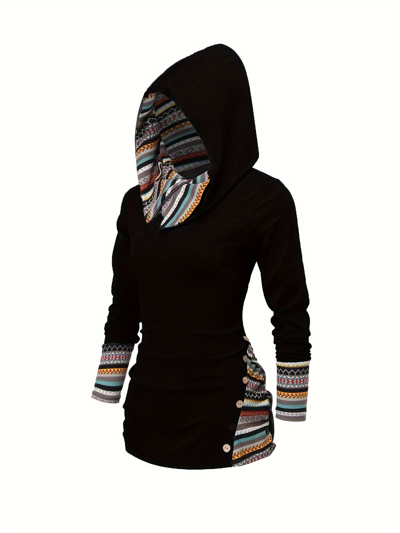 stripe splicing button decor hoodie casual long sleeve hoodie womens clothing details 0