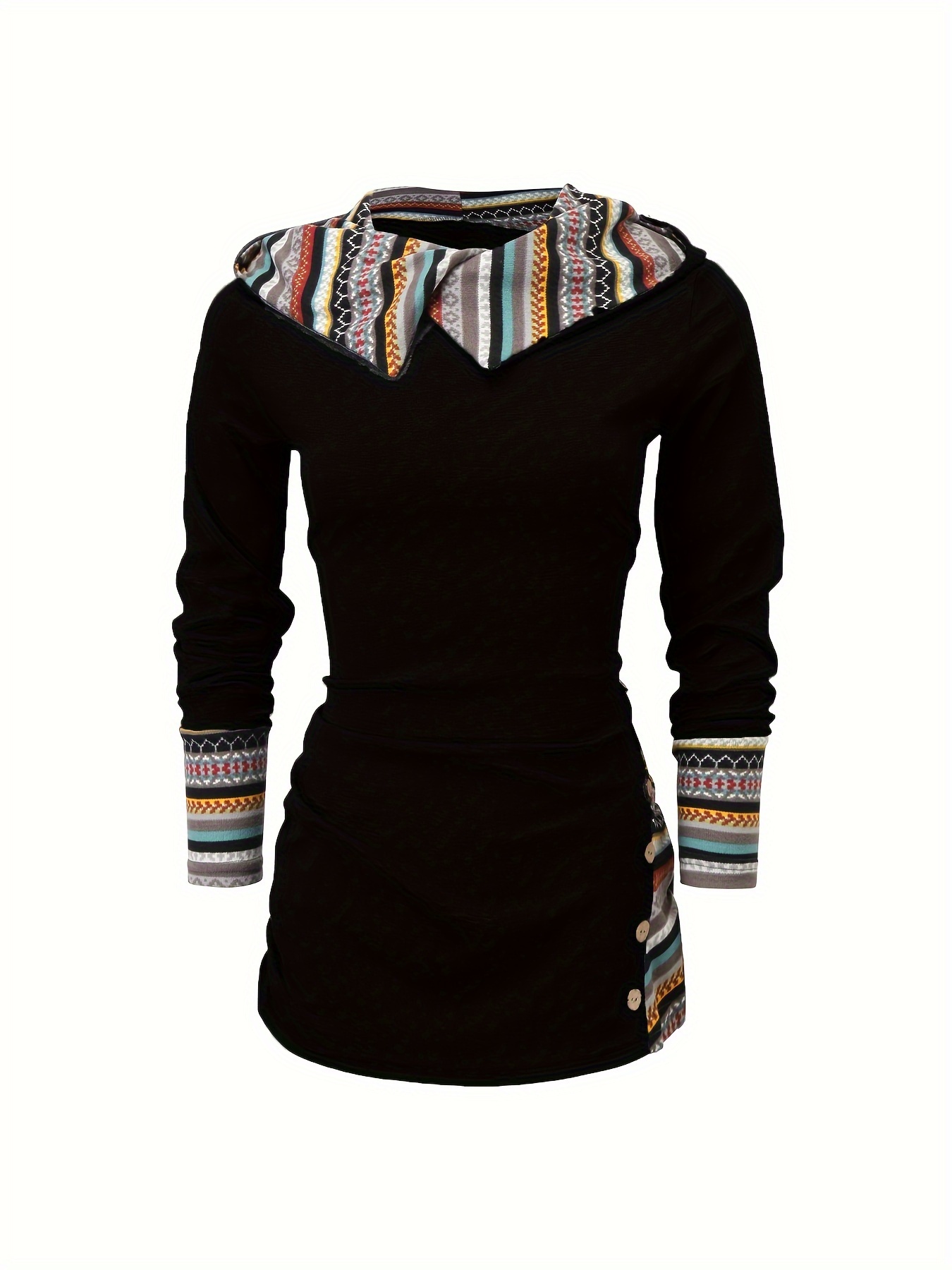 stripe splicing button decor hoodie casual long sleeve hoodie womens clothing details 1