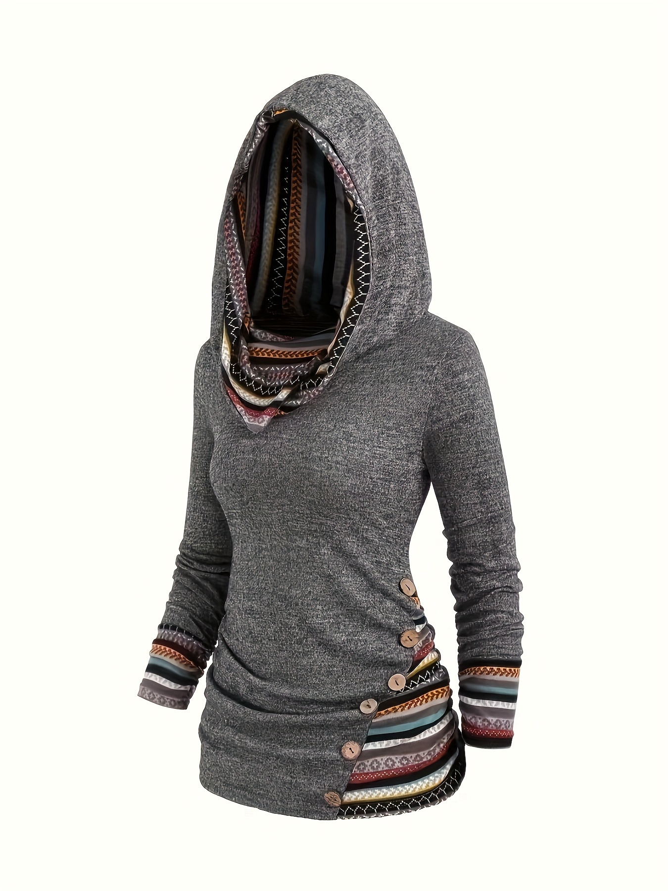 stripe splicing button decor hoodie casual long sleeve hoodie womens clothing details 6